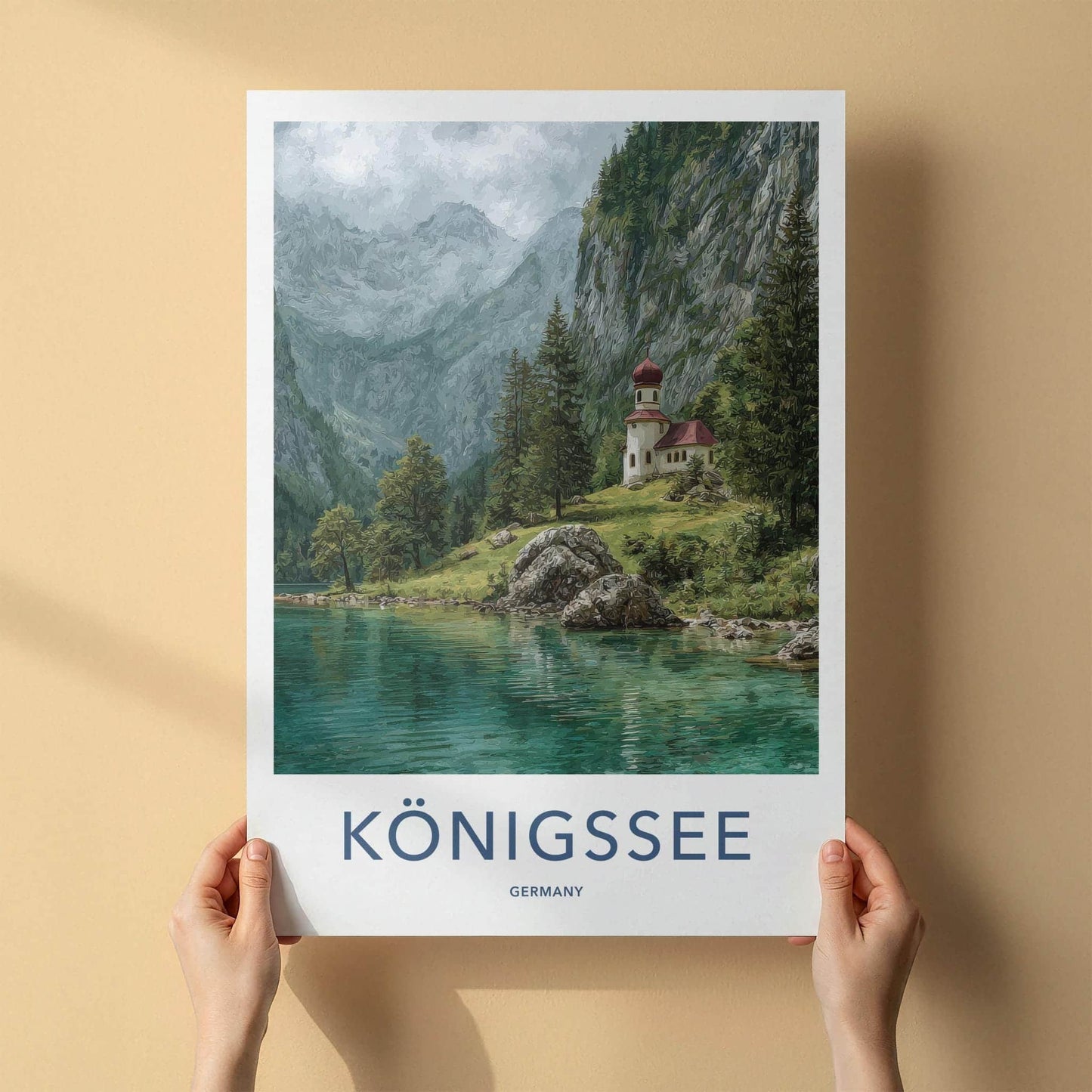 Konigssee Poster - Germany Travel Art - Alpine Lake Church Wall Decor
