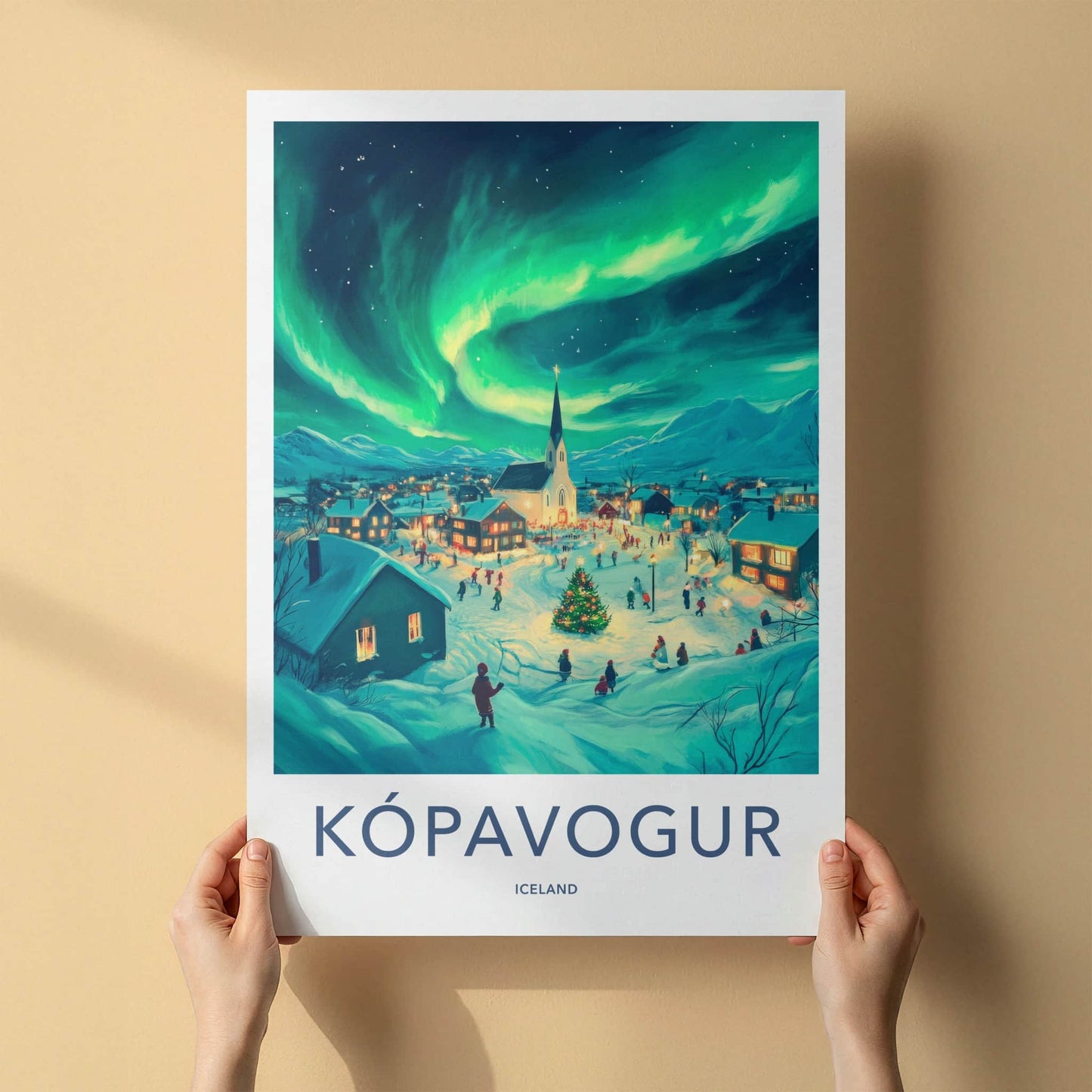 Kopavogur Poster - Iceland Travel Art - Aurora Borealis Night Home Decor