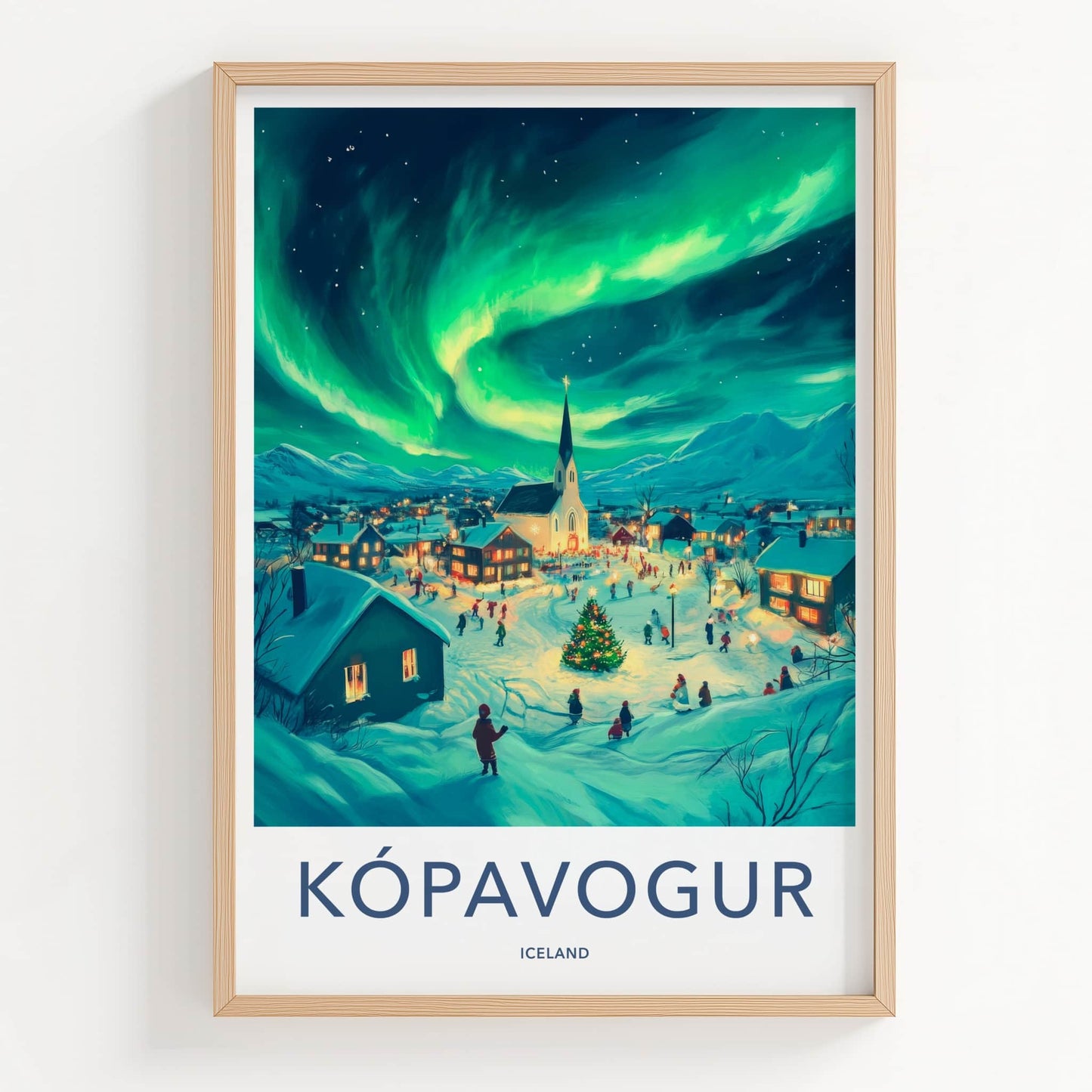 Kopavogur Poster - Iceland Travel Art - Aurora Borealis Night Home Decor