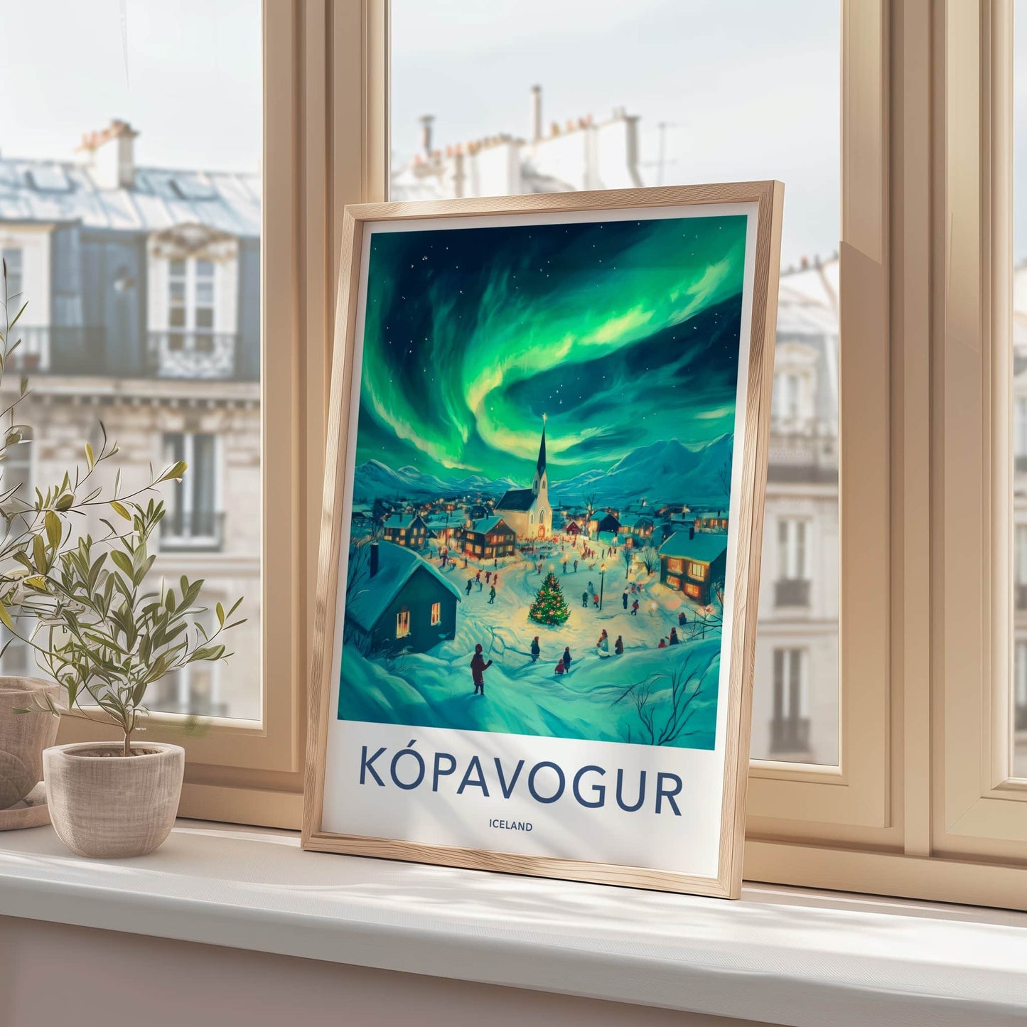 Kopavogur Poster - Iceland Travel Art - Aurora Borealis Night Home Decor