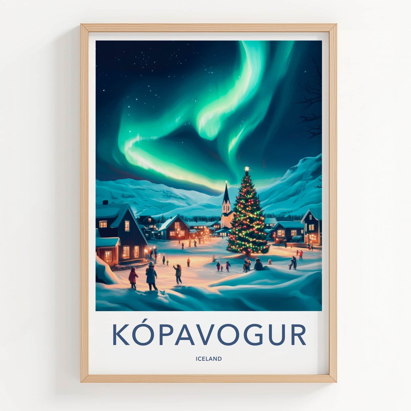 Kopavogur Poster - Iceland Travel Art - Glowing Christmas Village Home Decor