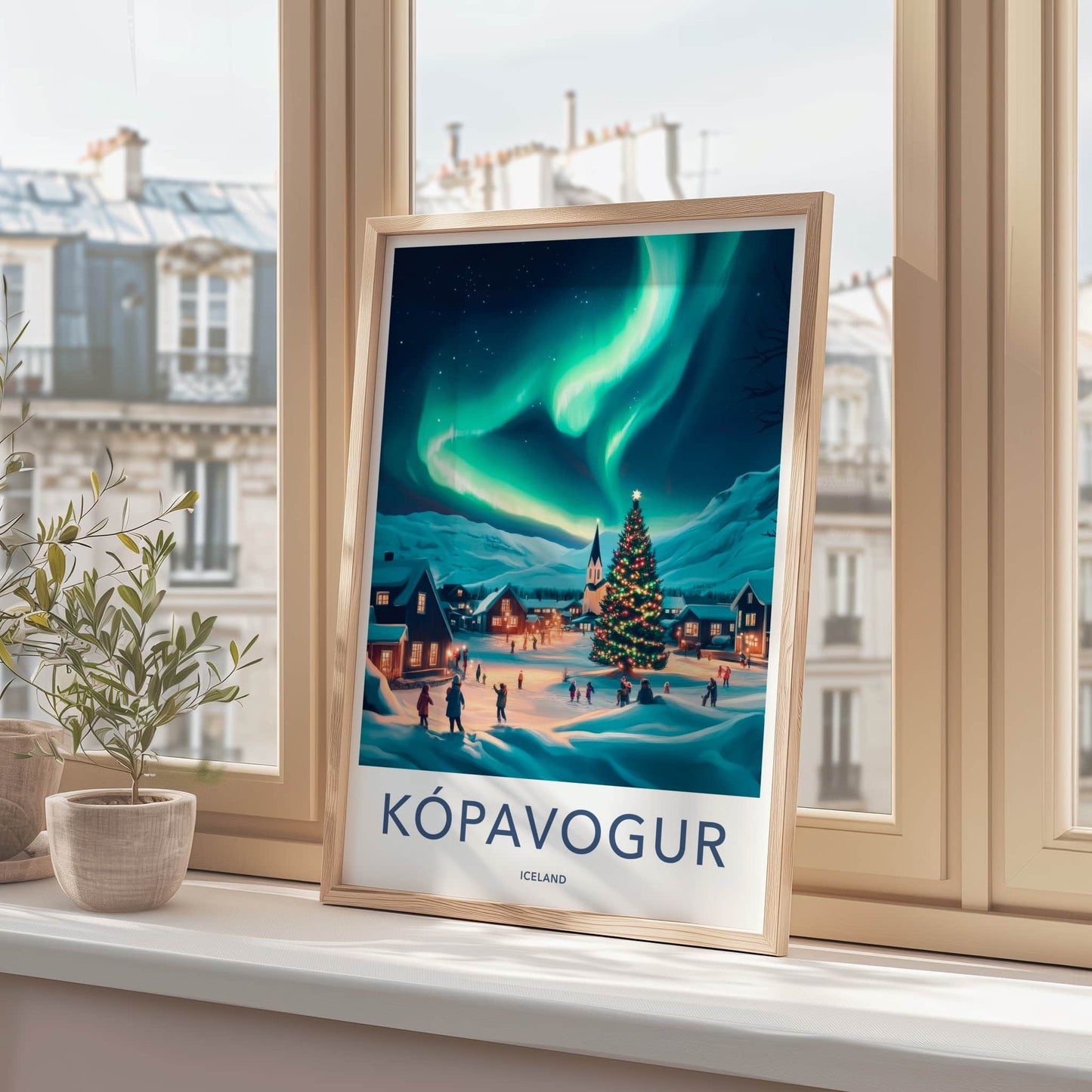 Kopavogur Poster - Iceland Travel Art - Glowing Christmas Village Home Decor