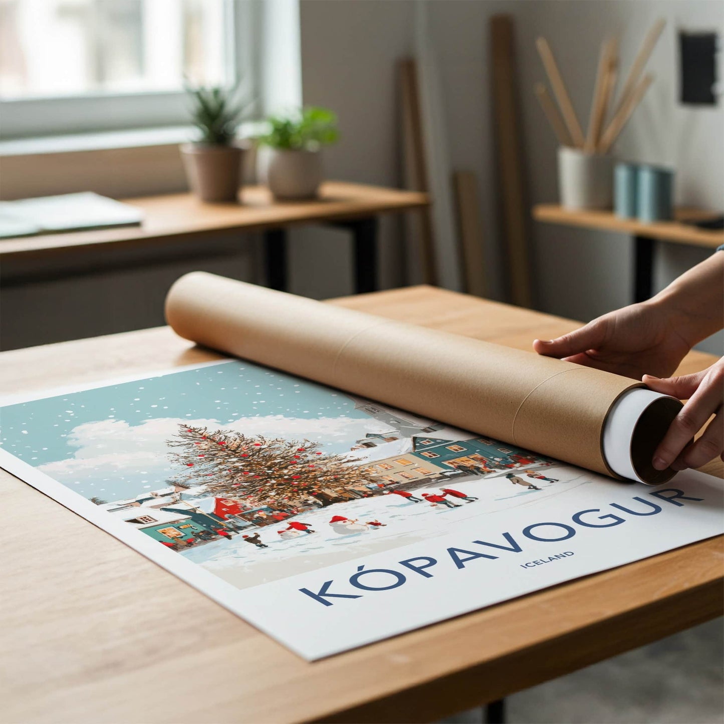 Kopavogur Poster - Iceland Travel Art - Snowy Town Christmas Home Decor