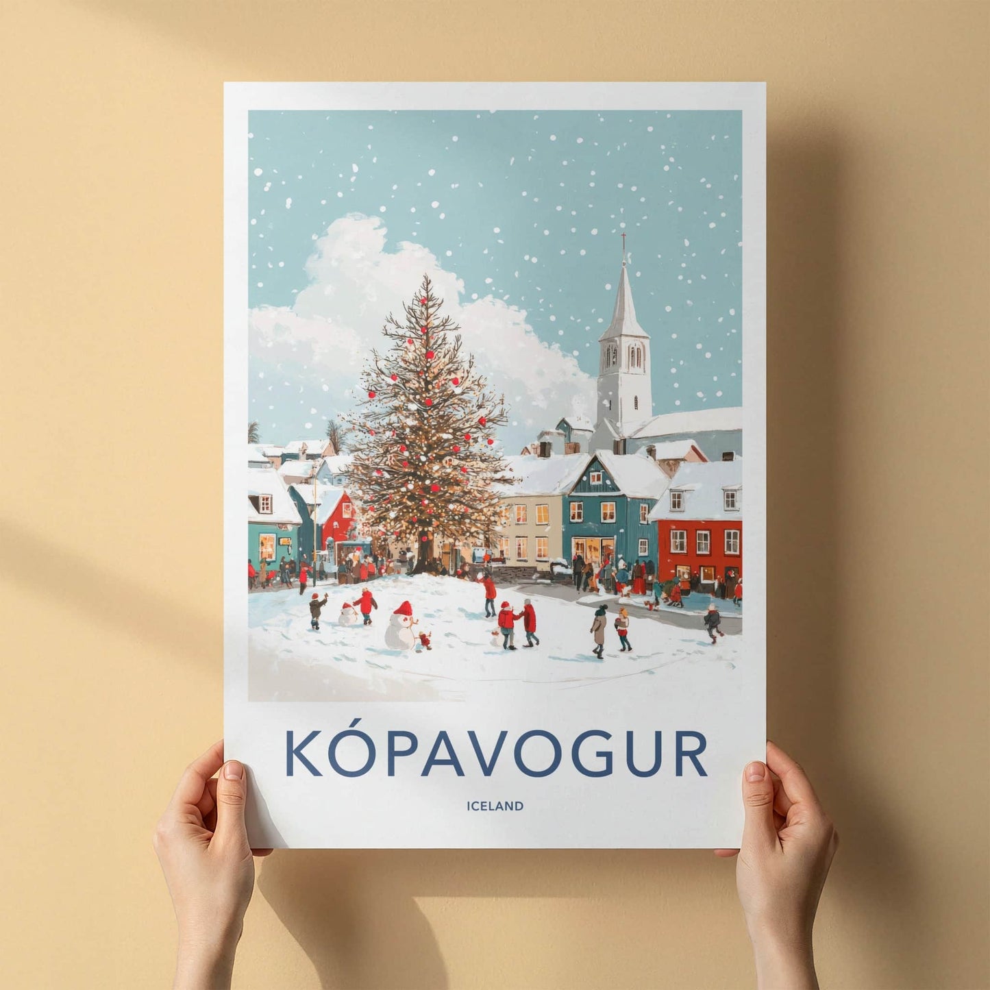 Kopavogur Poster - Iceland Travel Art - Snowy Town Christmas Home Decor