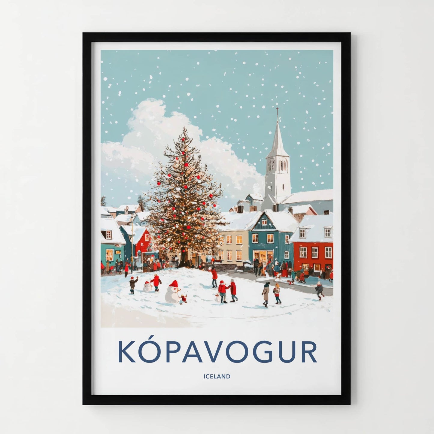 Kopavogur Poster - Iceland Travel Art - Snowy Town Christmas Home Decor