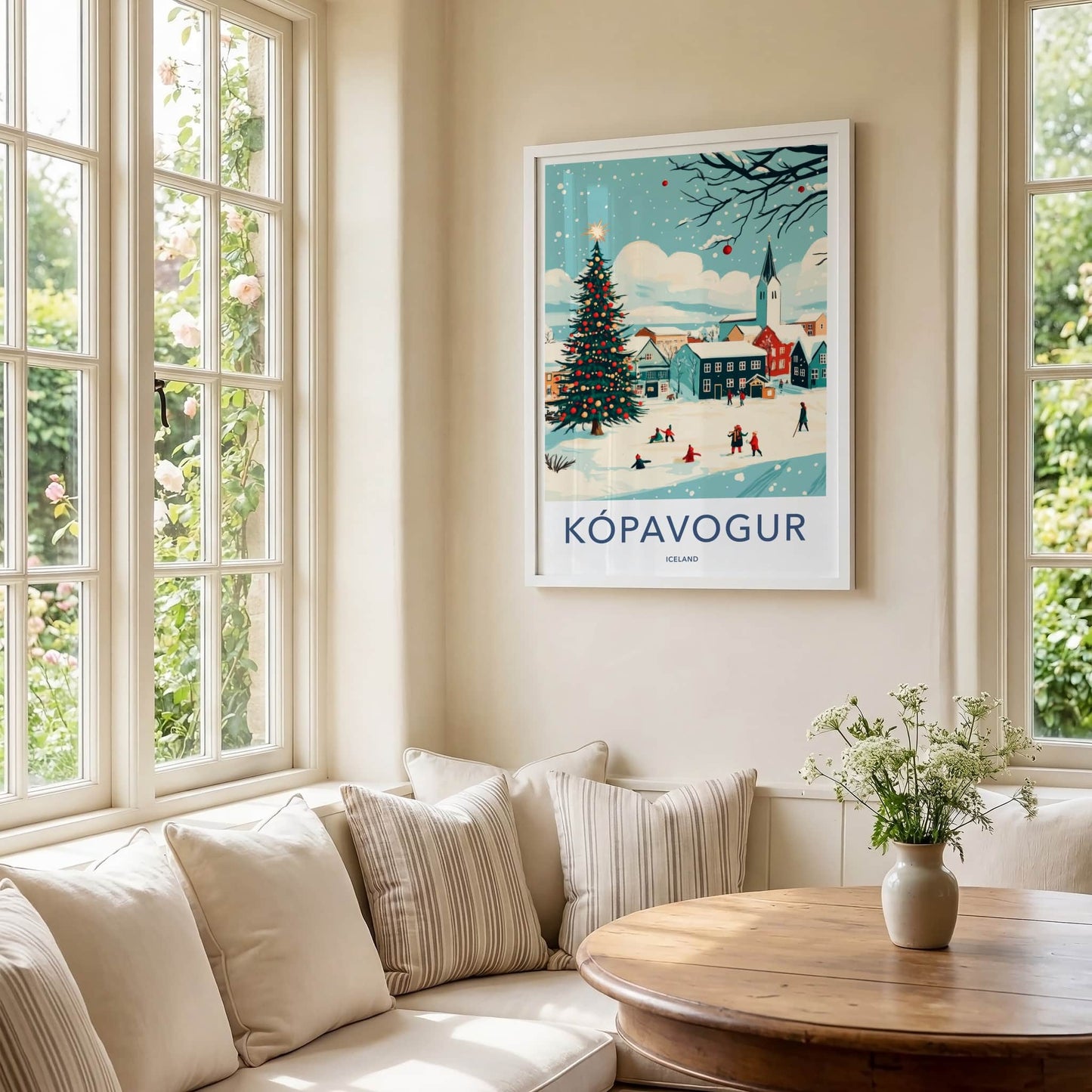 Kopavogur Poster - Iceland Travel Art - Snowy Town Christmas Home Decor