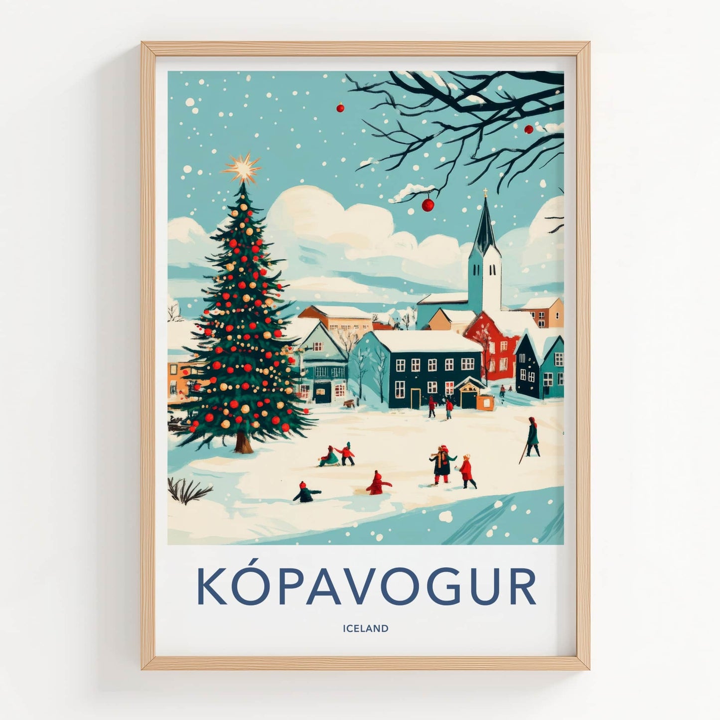 Kopavogur Poster - Iceland Travel Art - Snowy Town Christmas Home Decor