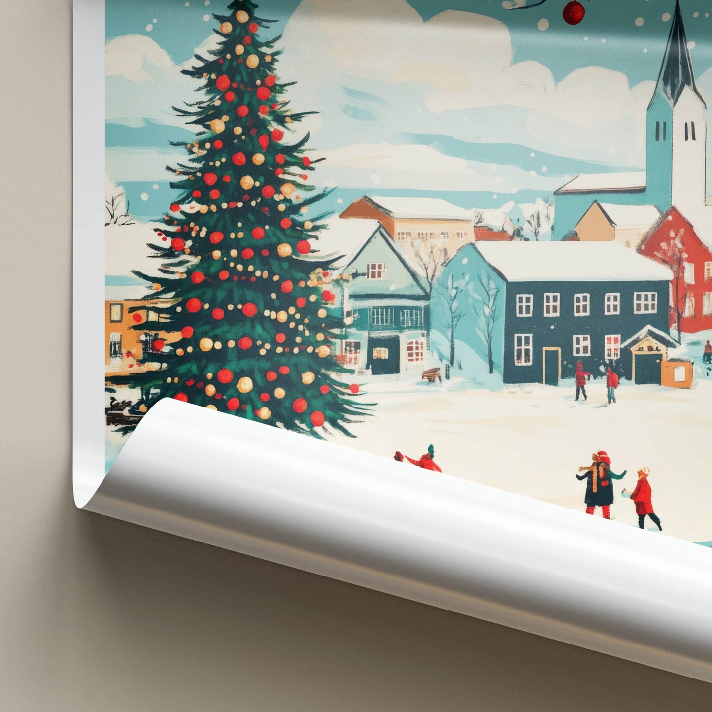 Kopavogur Poster - Iceland Travel Art - Snowy Town Christmas Home Decor