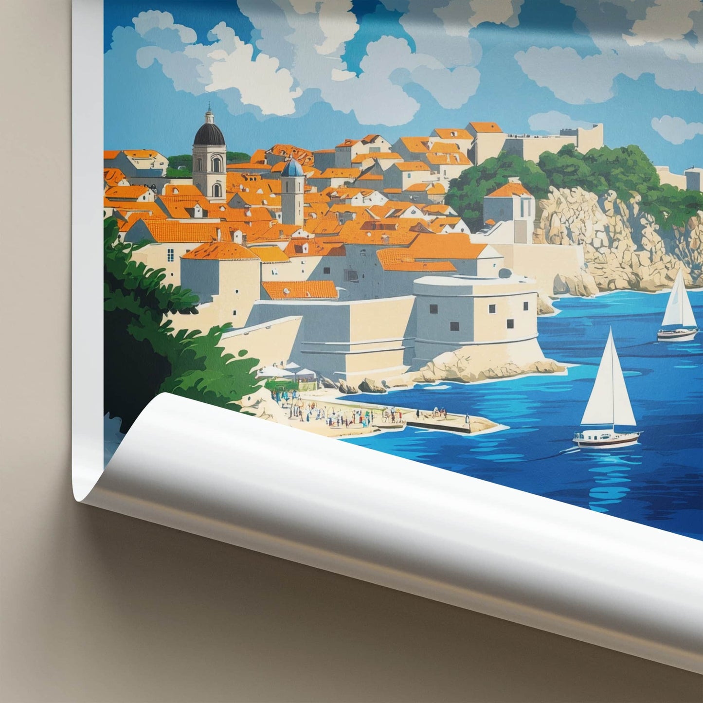 Korcula Poster - Croatia Travel Art - Cliffside Town Seascape Home Decor