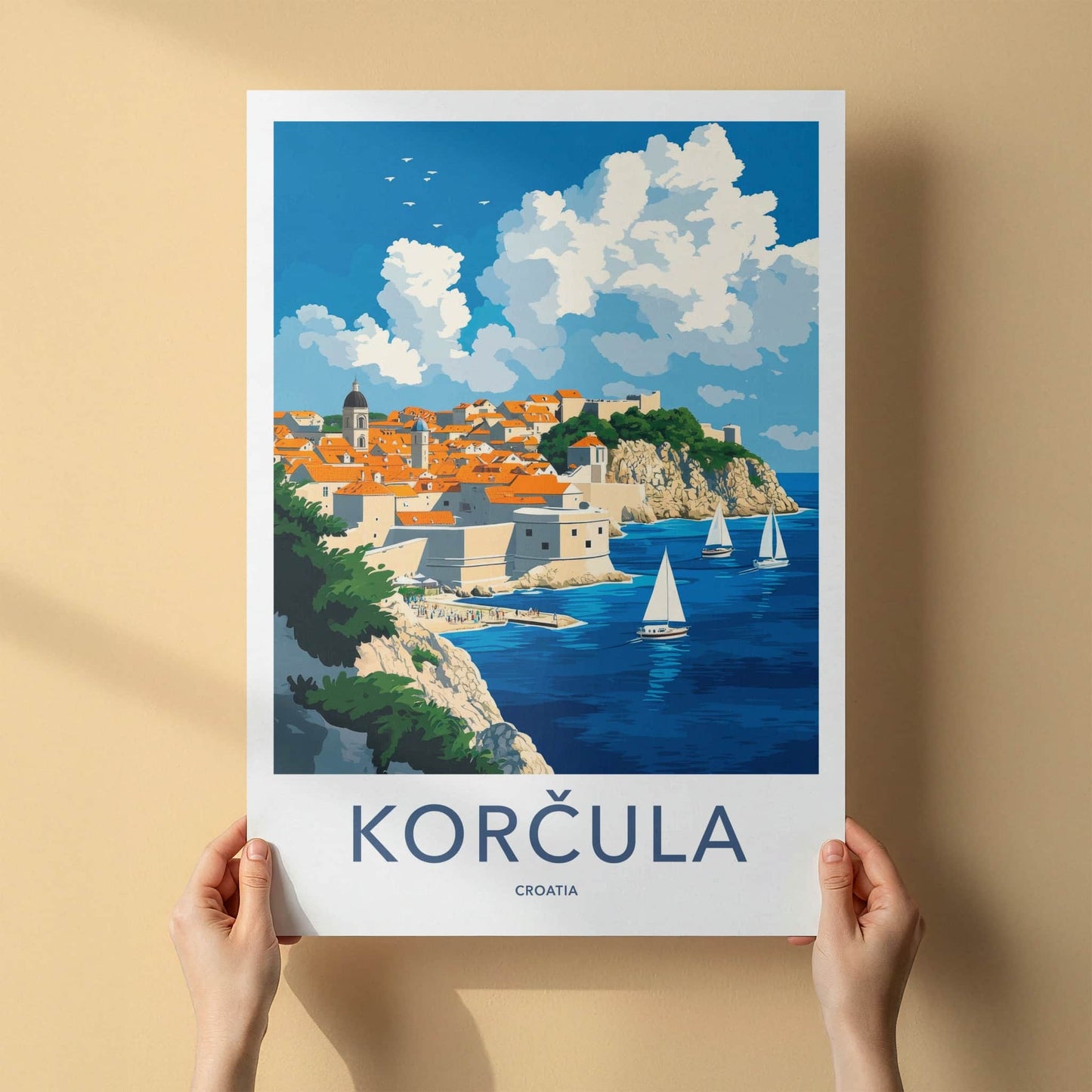 Korcula Poster - Croatia Travel Art - Cliffside Town Seascape Home Decor