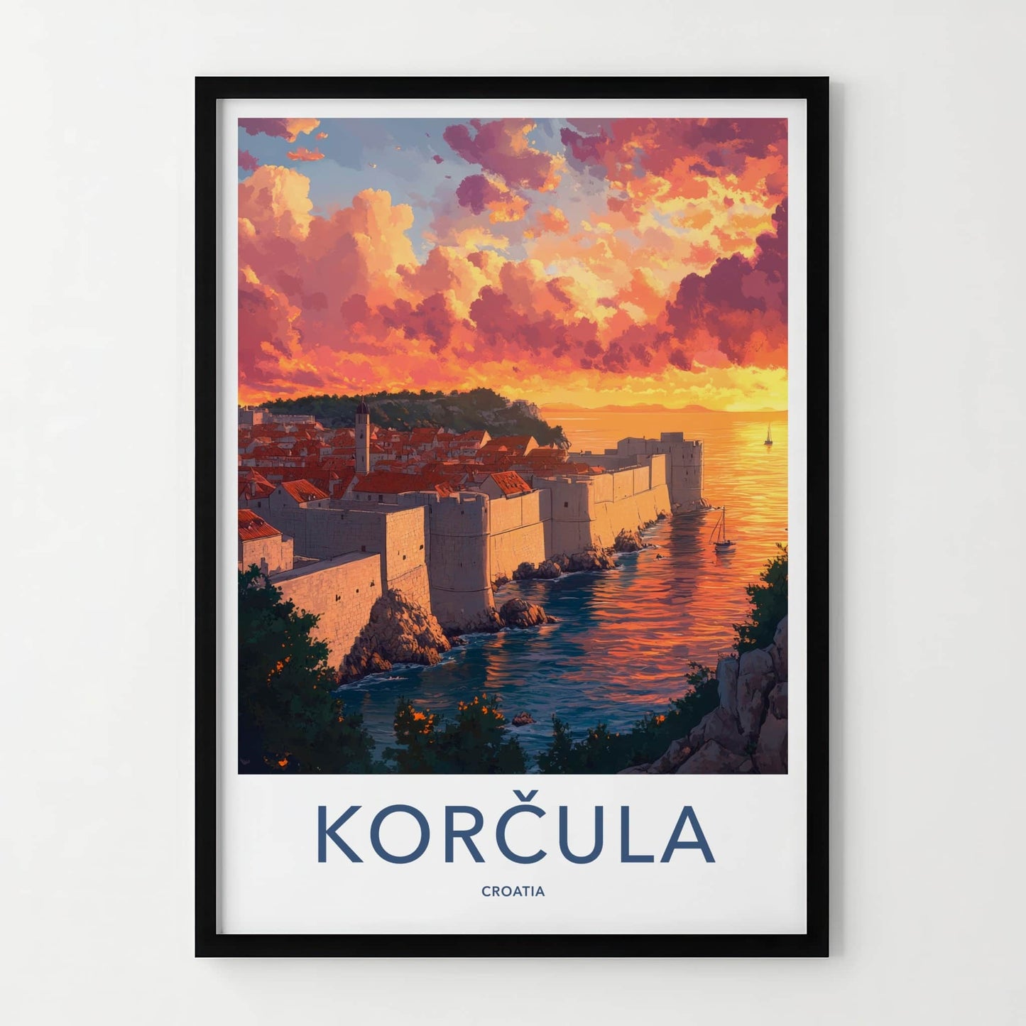 Korcula Poster - Croatia Travel Art - Dramatic Sunset Shore Home Decor