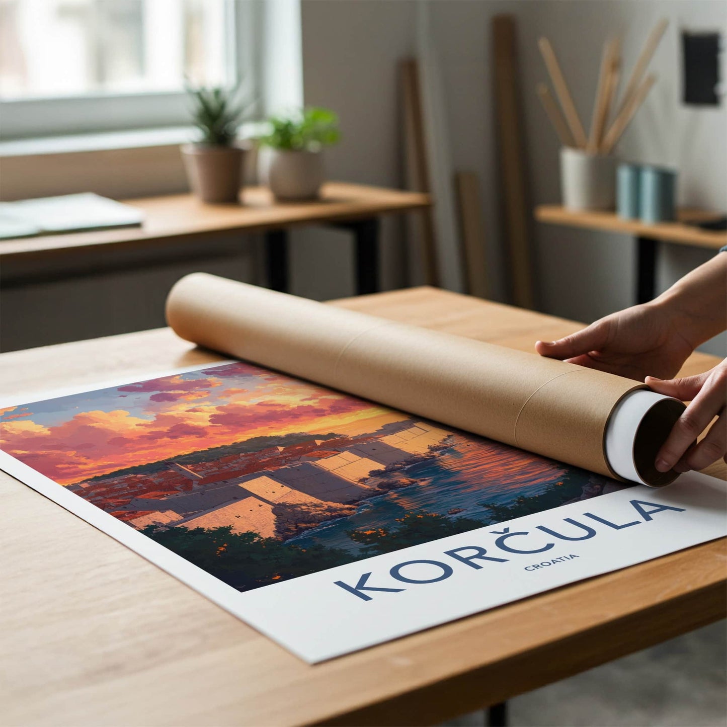 Korcula Poster - Croatia Travel Art - Dramatic Sunset Shore Home Decor