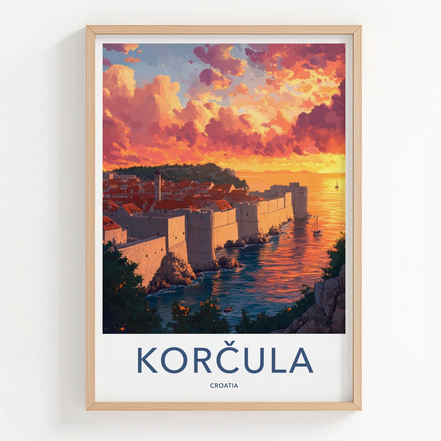 Korcula Poster - Croatia Travel Art - Dramatic Sunset Shore Home Decor