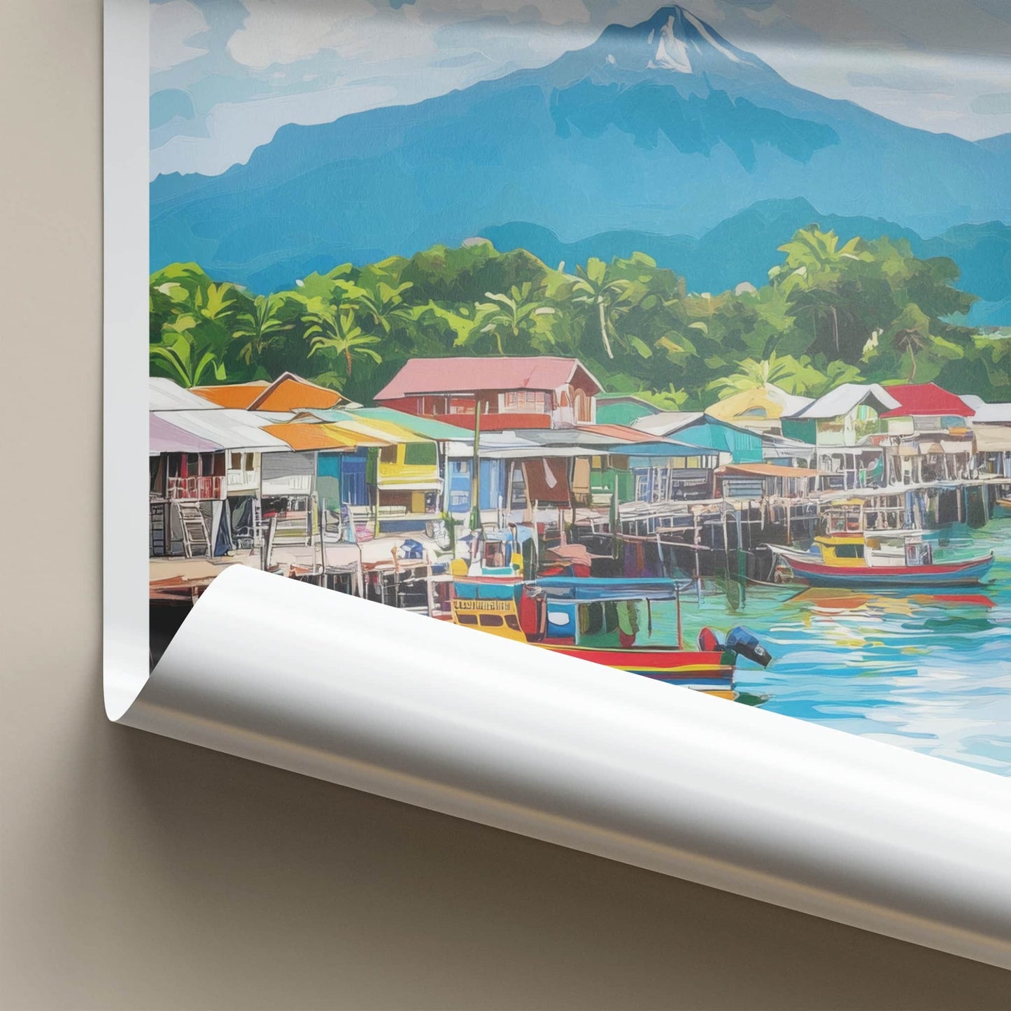 Kota Kinabalu Poster - Malaysia Travel Art - Coastal Village Mountain Wall Decor