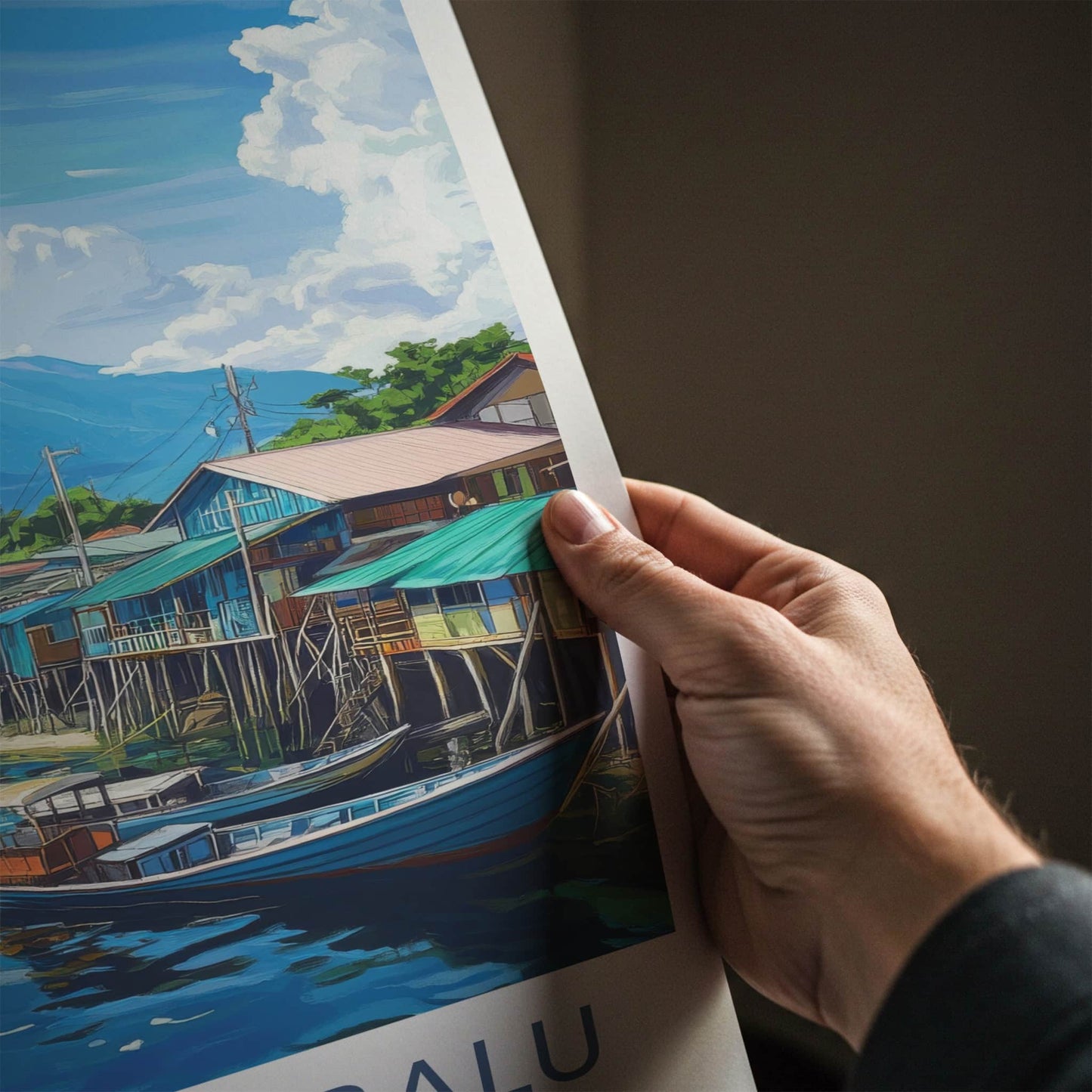 Kota Kinabalu Poster - Malaysia Travel Art - Stilt Houses Boats Home Decor