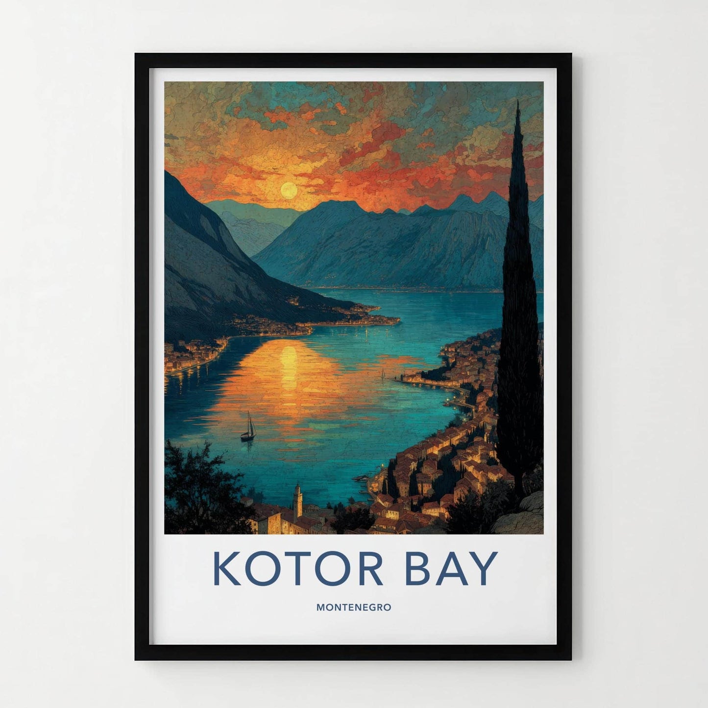 KOTOR BAY Poster - Montenegro Travel Art - Sunset Bay Town Home Decor