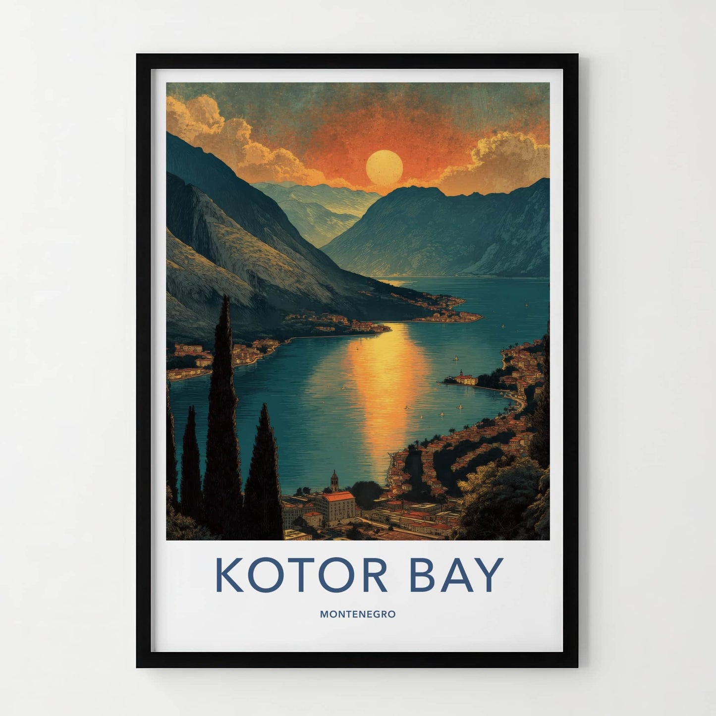 Kotor Bay Poster - Montenegro Travel Art - Sunset Mountain Village Home Decor