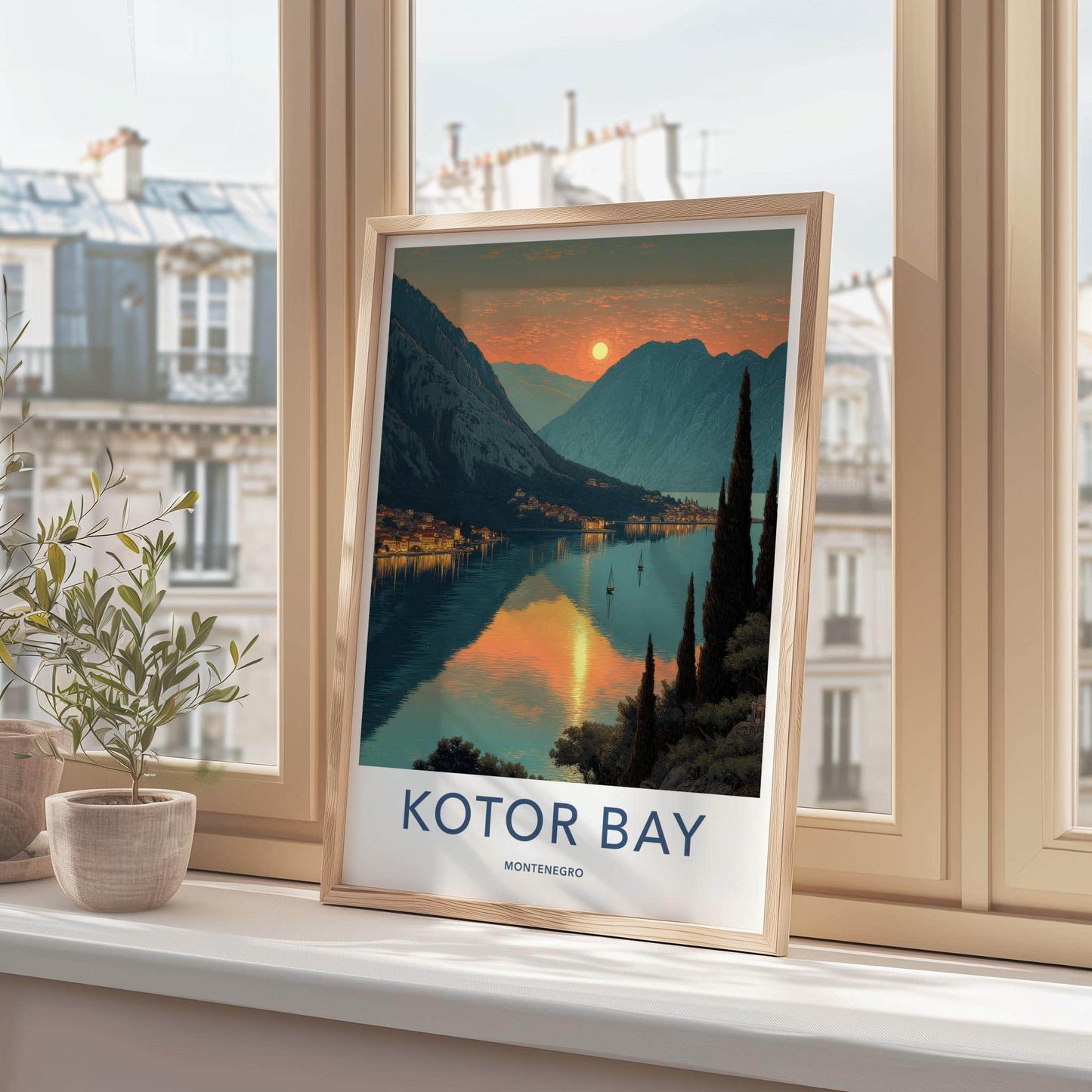 Kotor Bay Poster - Montenegro Travel Print - Golden Water Sunset Home Decor