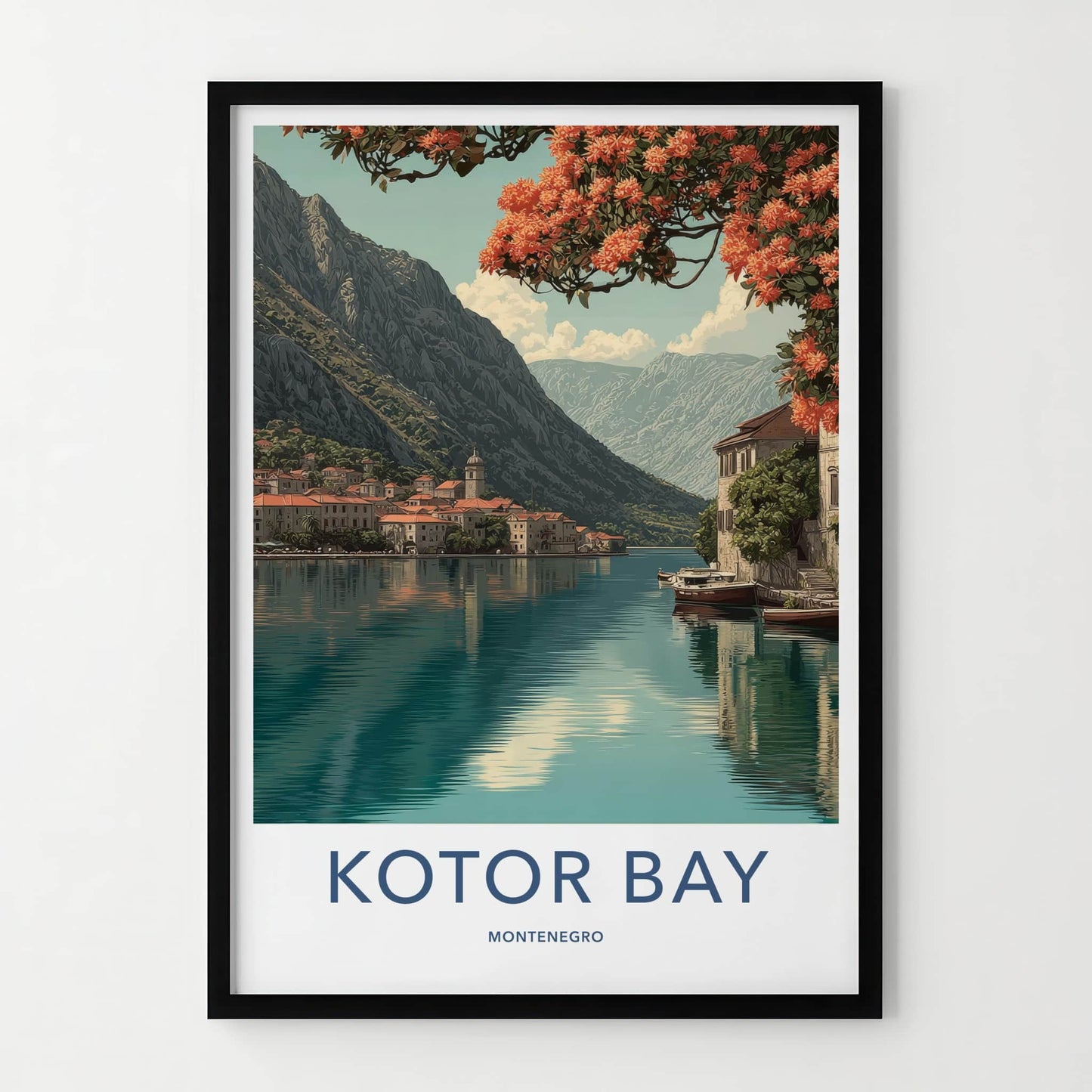 Kotor Bay Poster - Montenegro Travel Print - Orange Flowers Houses Lounge Decor
