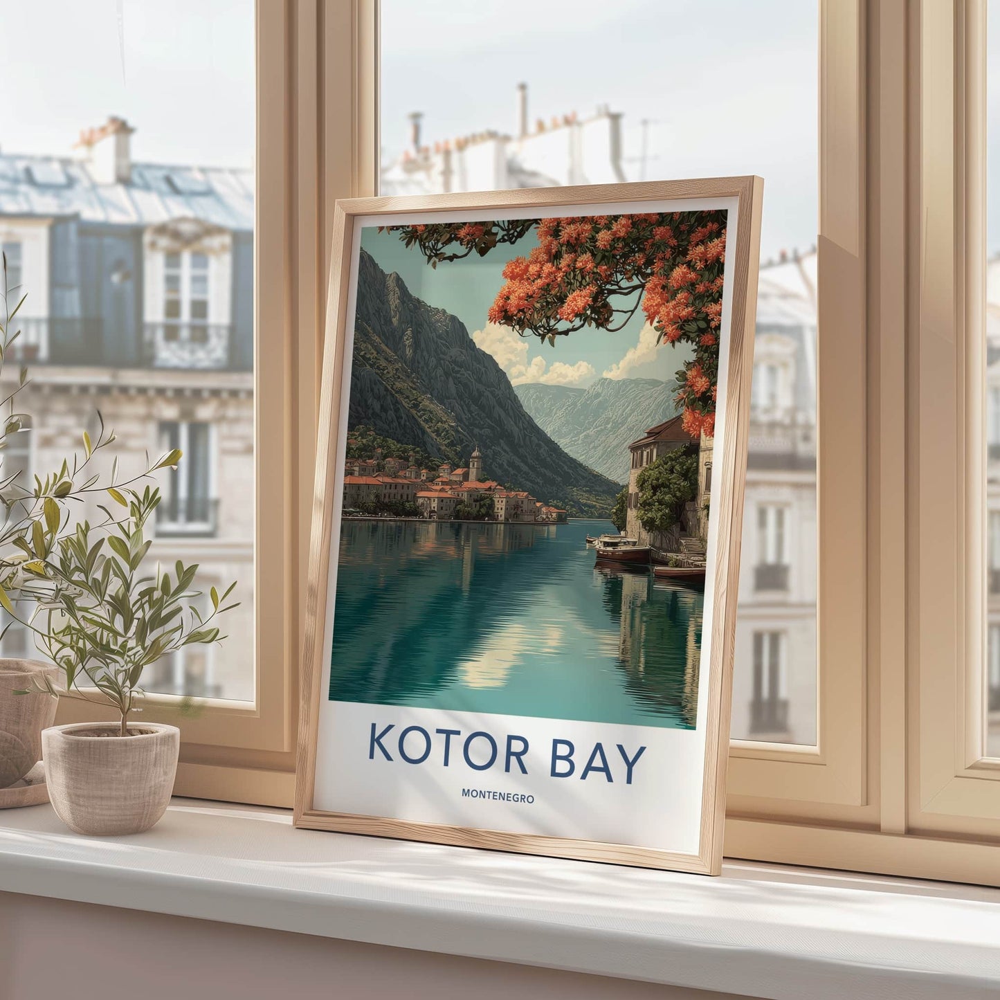 Kotor Bay Poster - Montenegro Travel Print - Orange Flowers Houses Lounge Decor