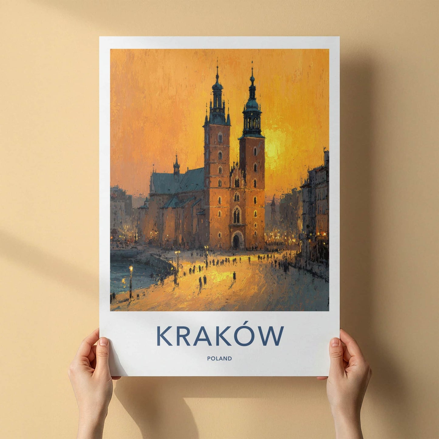 Krakow Poster - Poland Travel Art - Historic Basilica Twilight Wall Decor