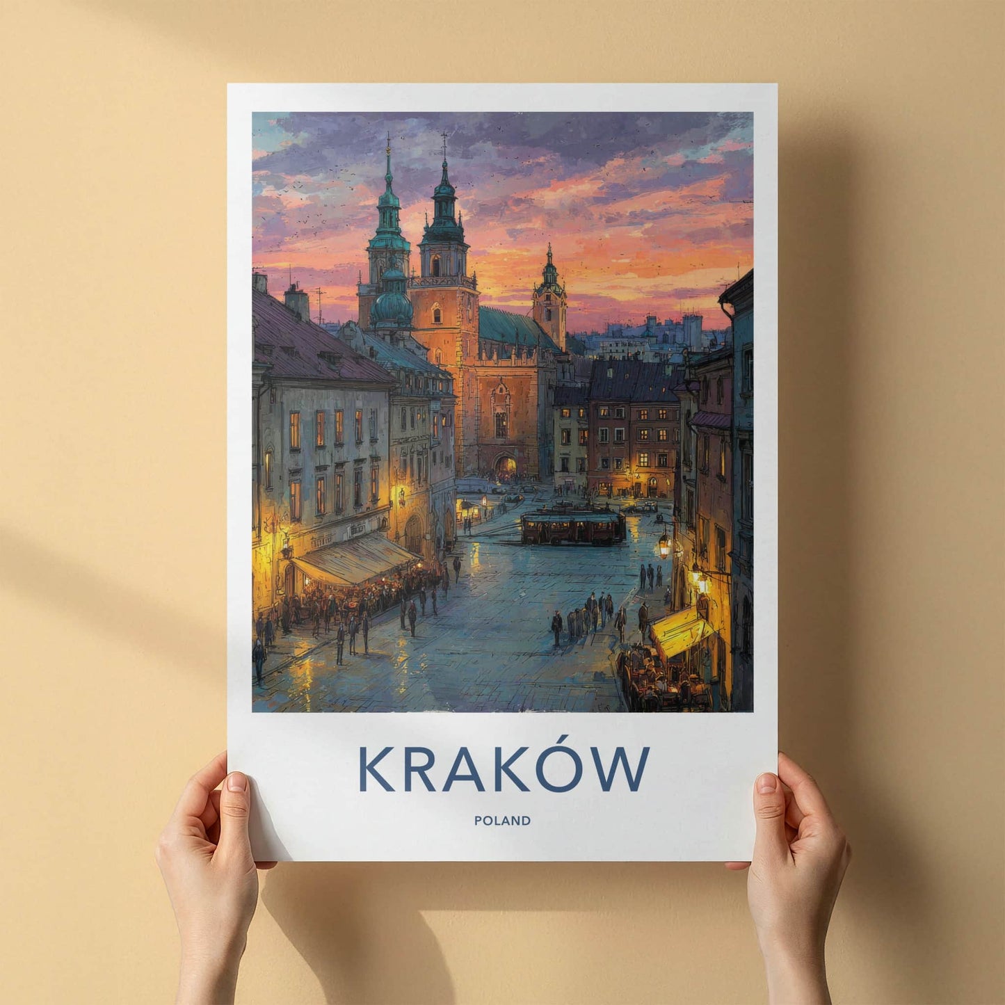 Krakow Poster - Poland Travel Art - Sunset Cityscape Evening Home Decor