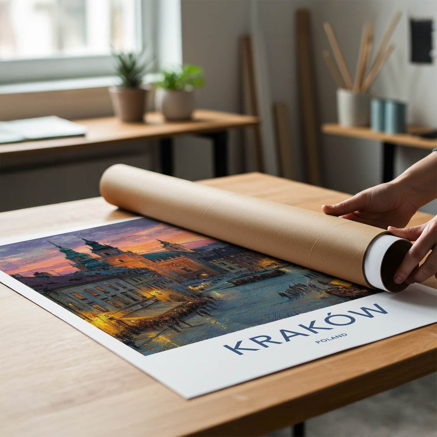 Krakow Poster - Poland Travel Art - Sunset Cityscape Evening Home Decor