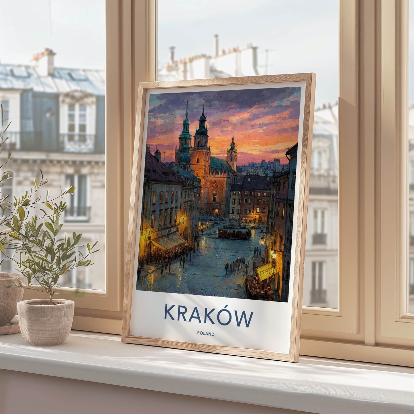 Krakow Poster - Poland Travel Art - Sunset Cityscape Evening Home Decor