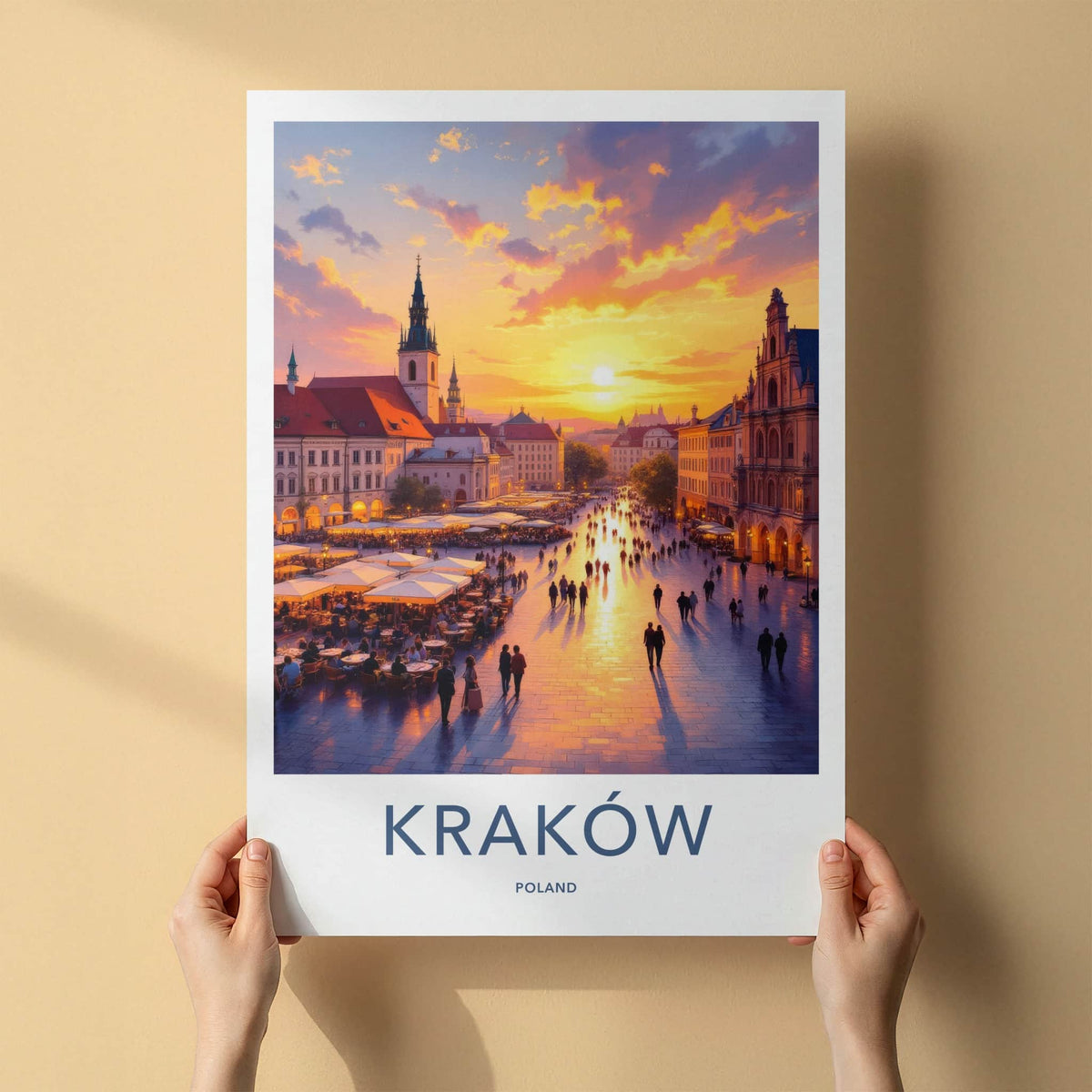 Krakow Poster - Poland Travel Art - Vibrant Market Sunset Home Decor