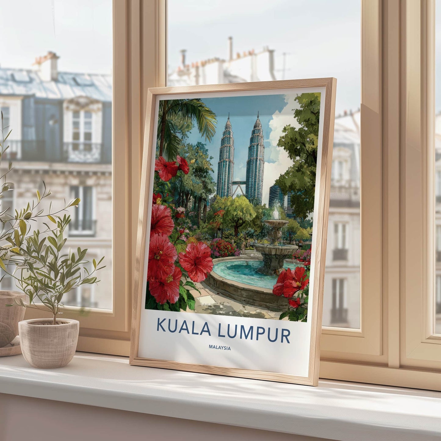 Kuala Lumpur Poster - Malaysia Framed Art - Fountain Red Hibiscus Home Decor