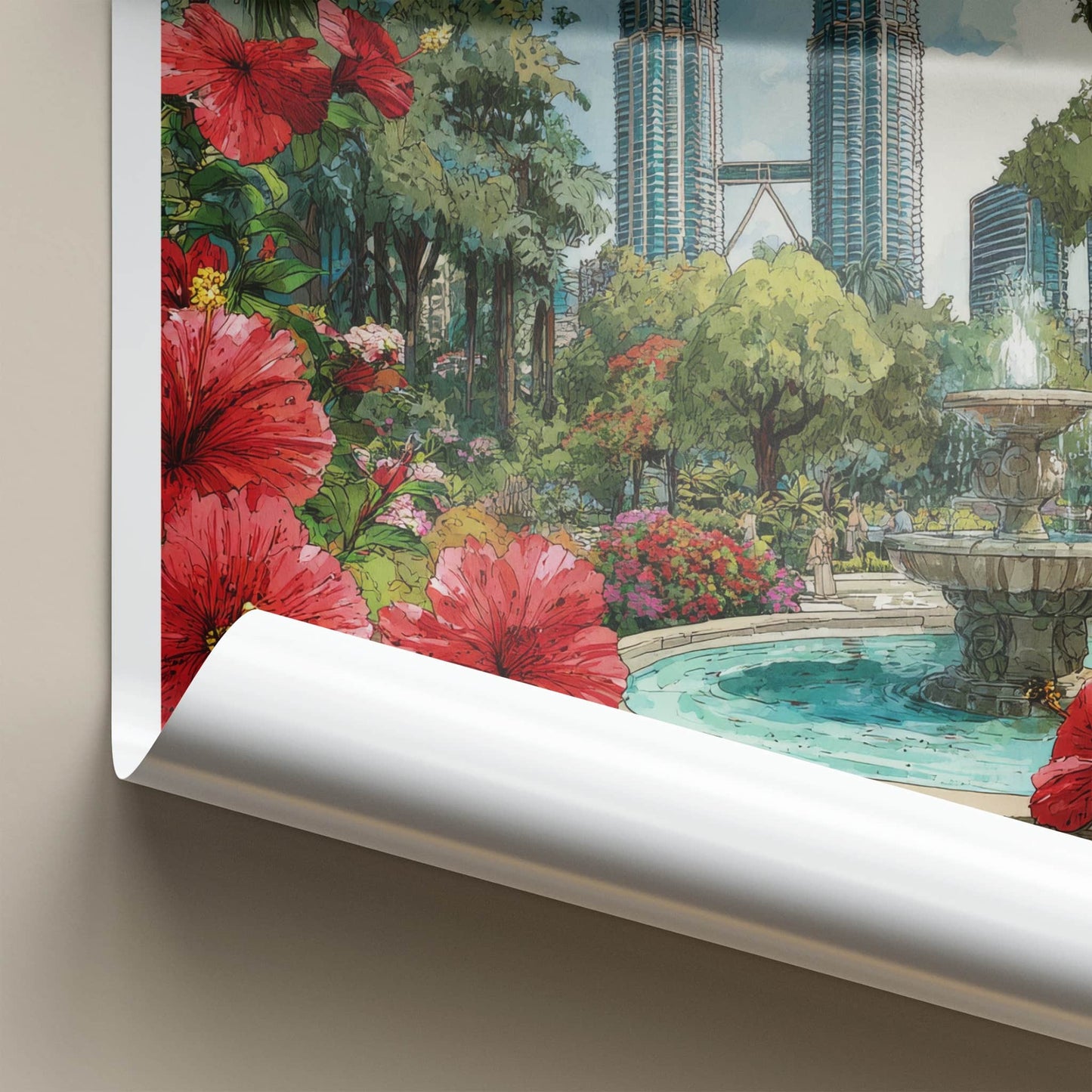 Kuala Lumpur Poster - Malaysia Framed Art - Fountain Red Hibiscus Home Decor