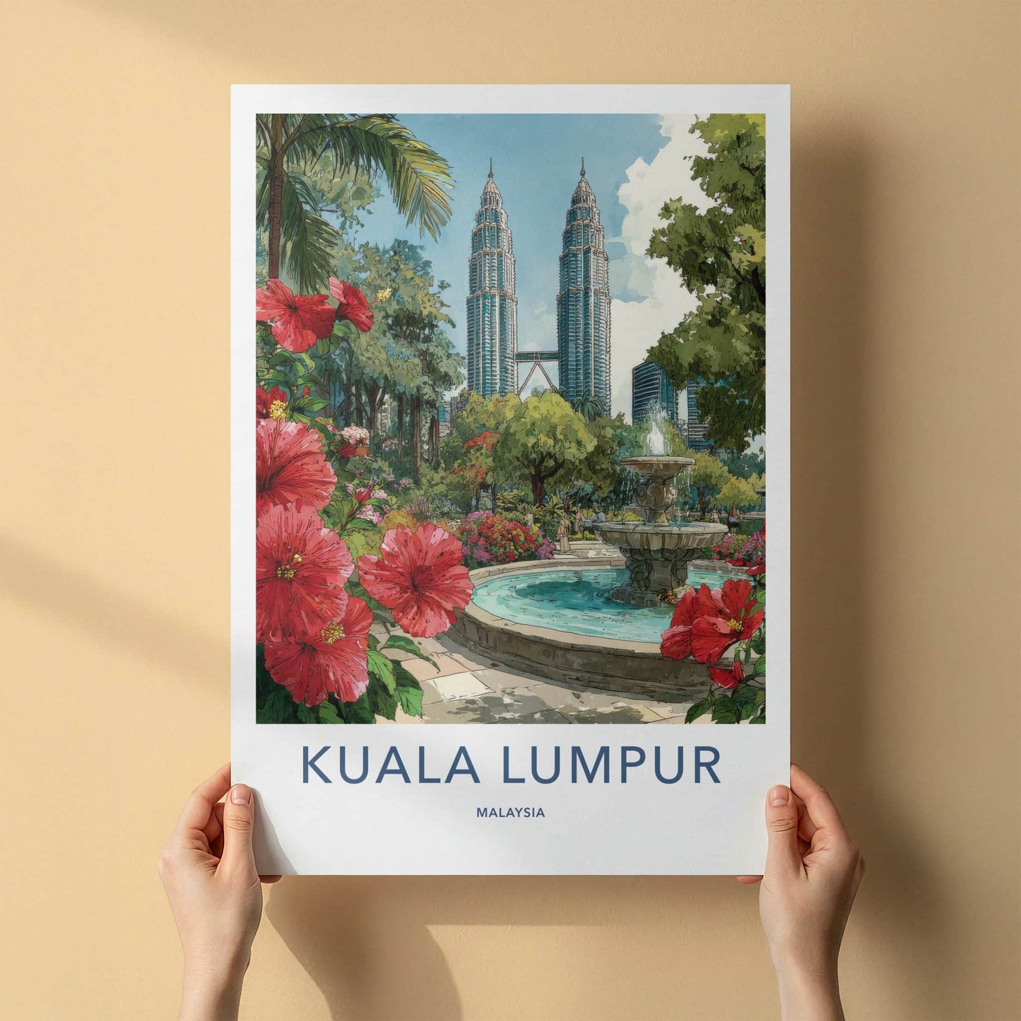 Kuala Lumpur Poster - Malaysia Framed Art - Fountain Red Hibiscus Home Decor
