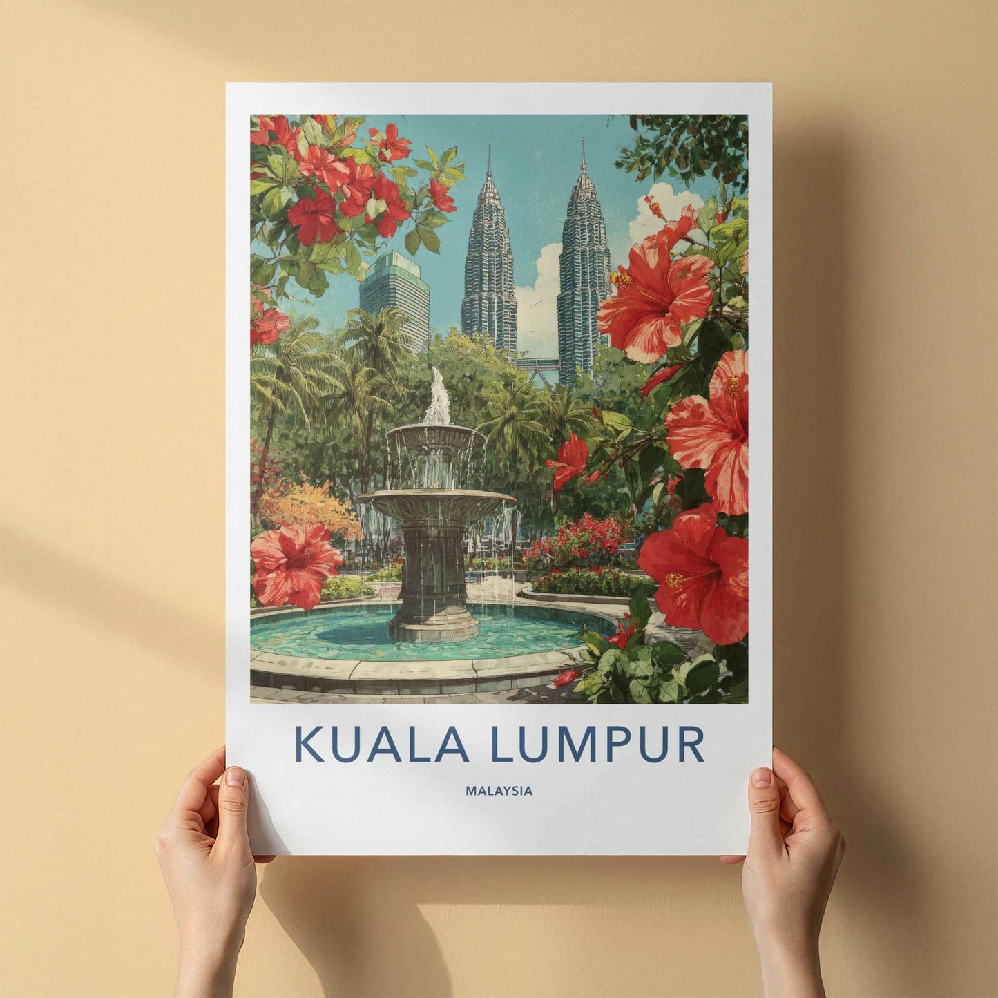 Kuala Lumpur Poster - Malaysia Wall Art - Towers Fountain Flowers Home Decor