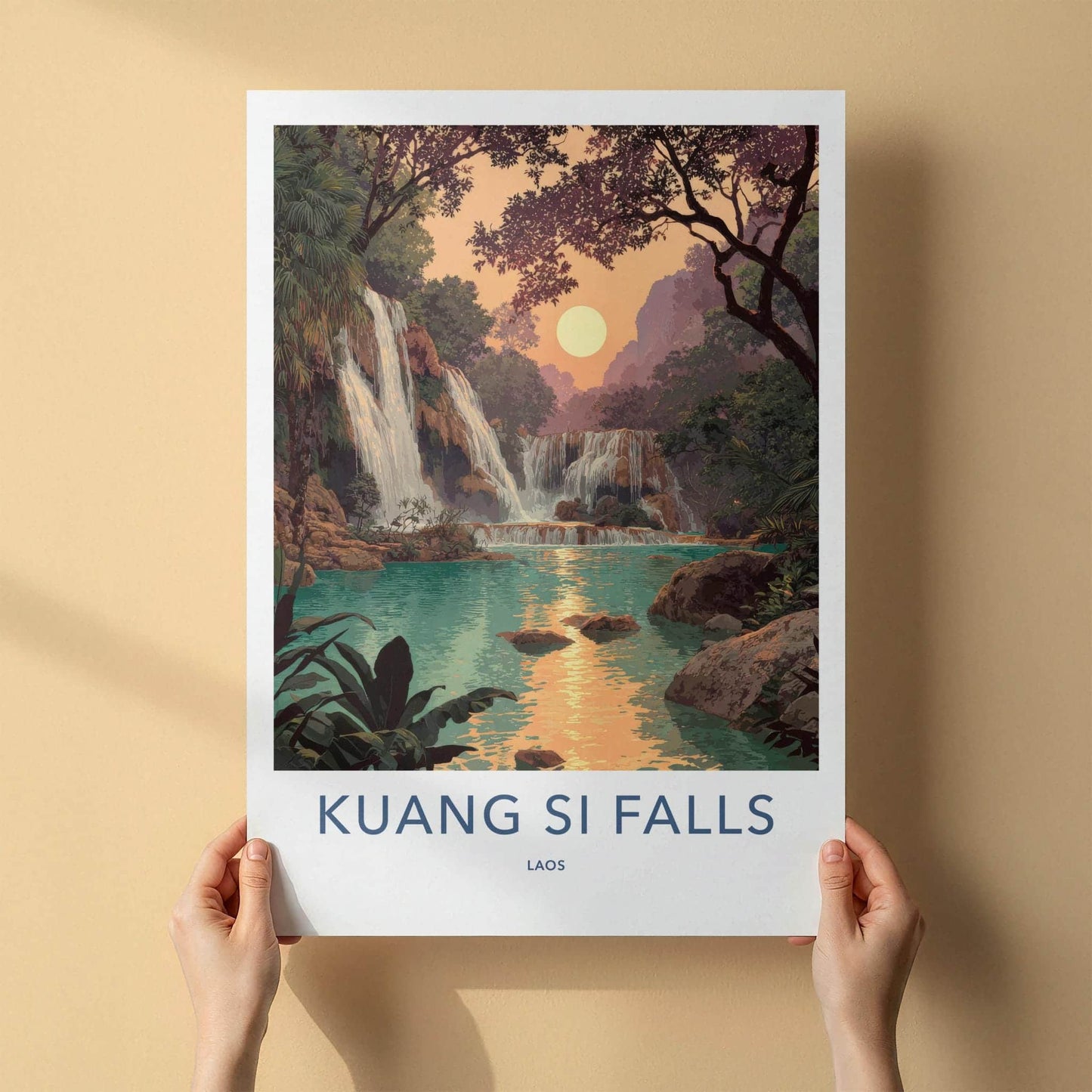 Kuang Si Falls Poster - Laos Travel Art - Golden Hour Waterfall Home Decor