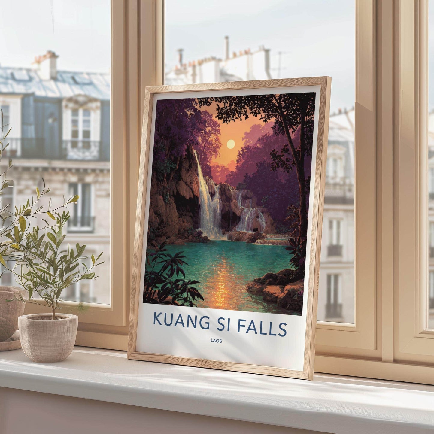 Kuang Si Falls Poster - Laos Travel Art - Jungle Falls Sunset Home Decor