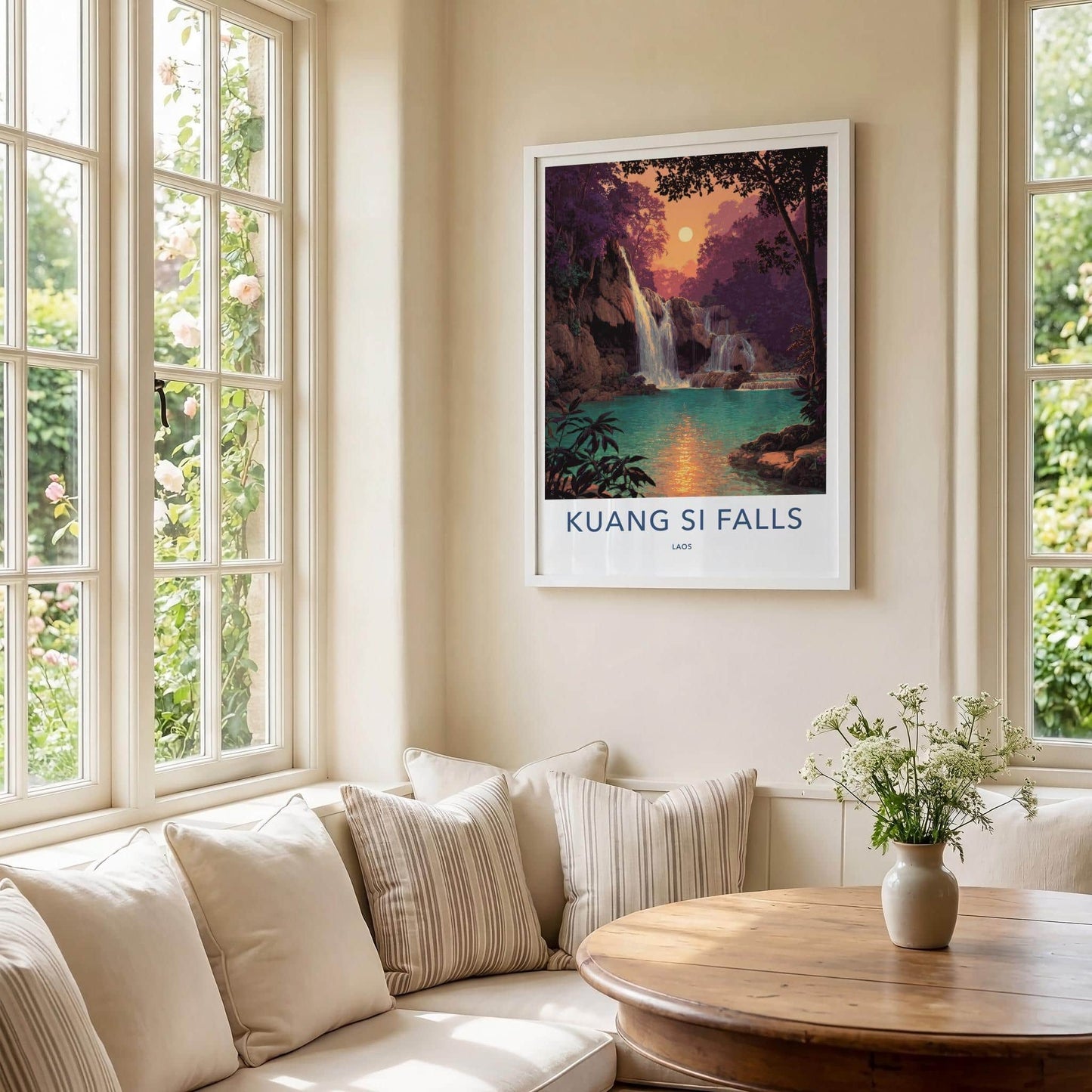 Kuang Si Falls Poster - Laos Travel Art - Jungle Falls Sunset Home Decor