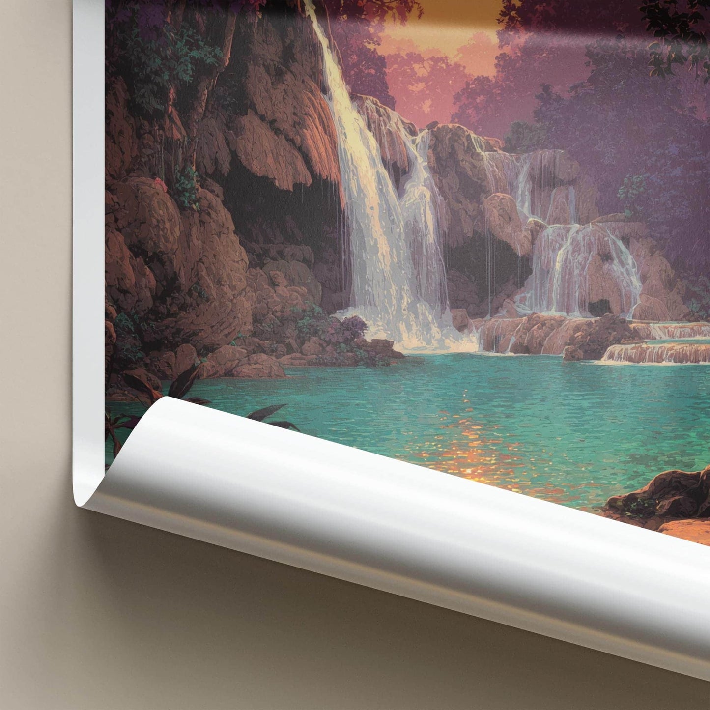 Kuang Si Falls Poster - Laos Travel Art - Jungle Falls Sunset Home Decor