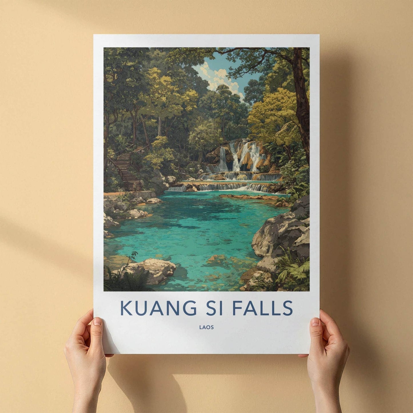 Kuang Si Falls Poster - Laos Travel Art - Lush Jungle Waterfall Wall Decor