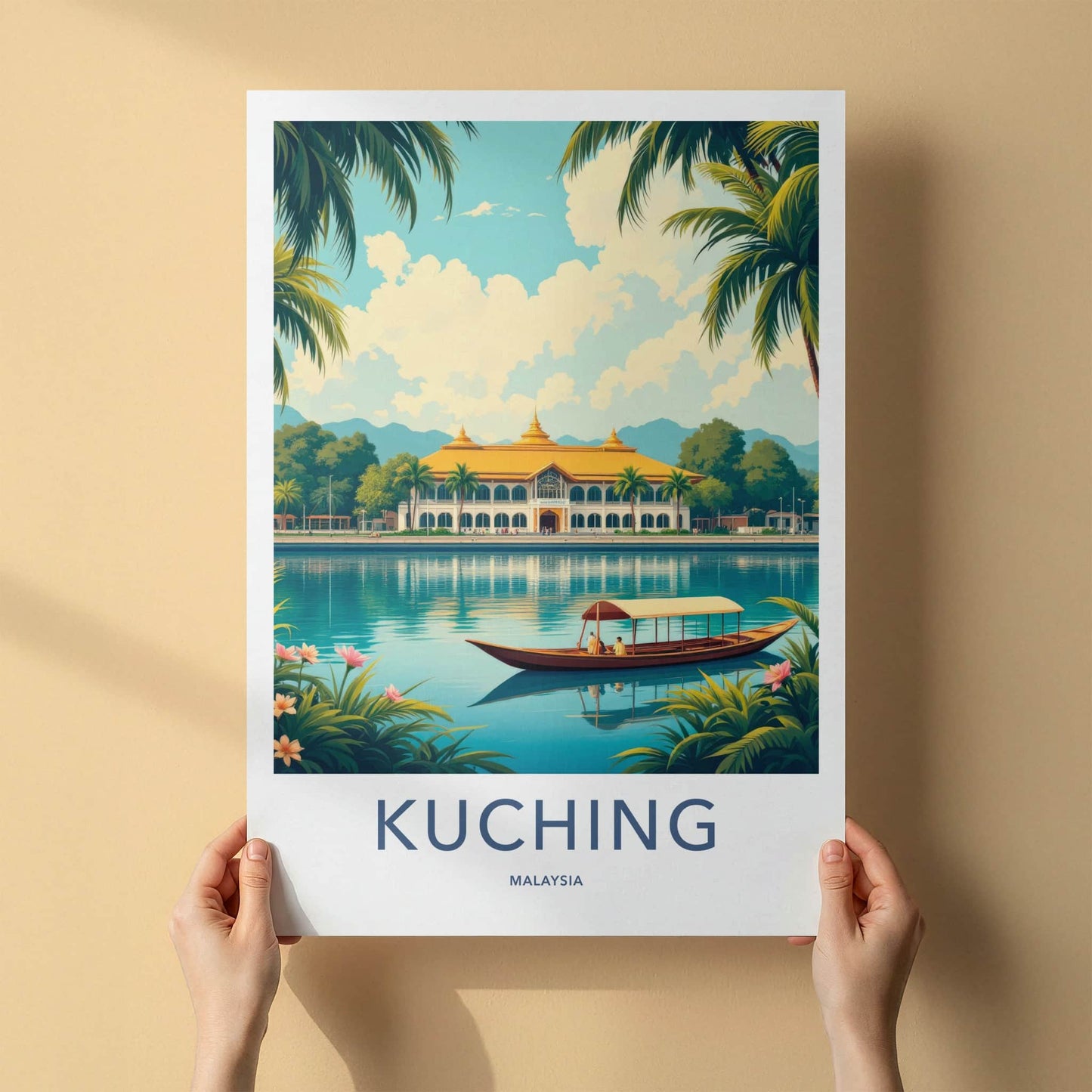 Kuching Poster - Malaysia Travel Art - Golden Roof Boat Home Decor