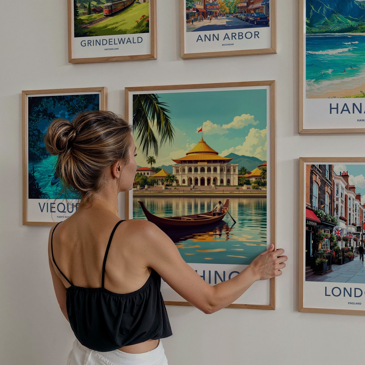 Kuching Poster - Malaysia Travel Art - River Boat Building Wall Decor