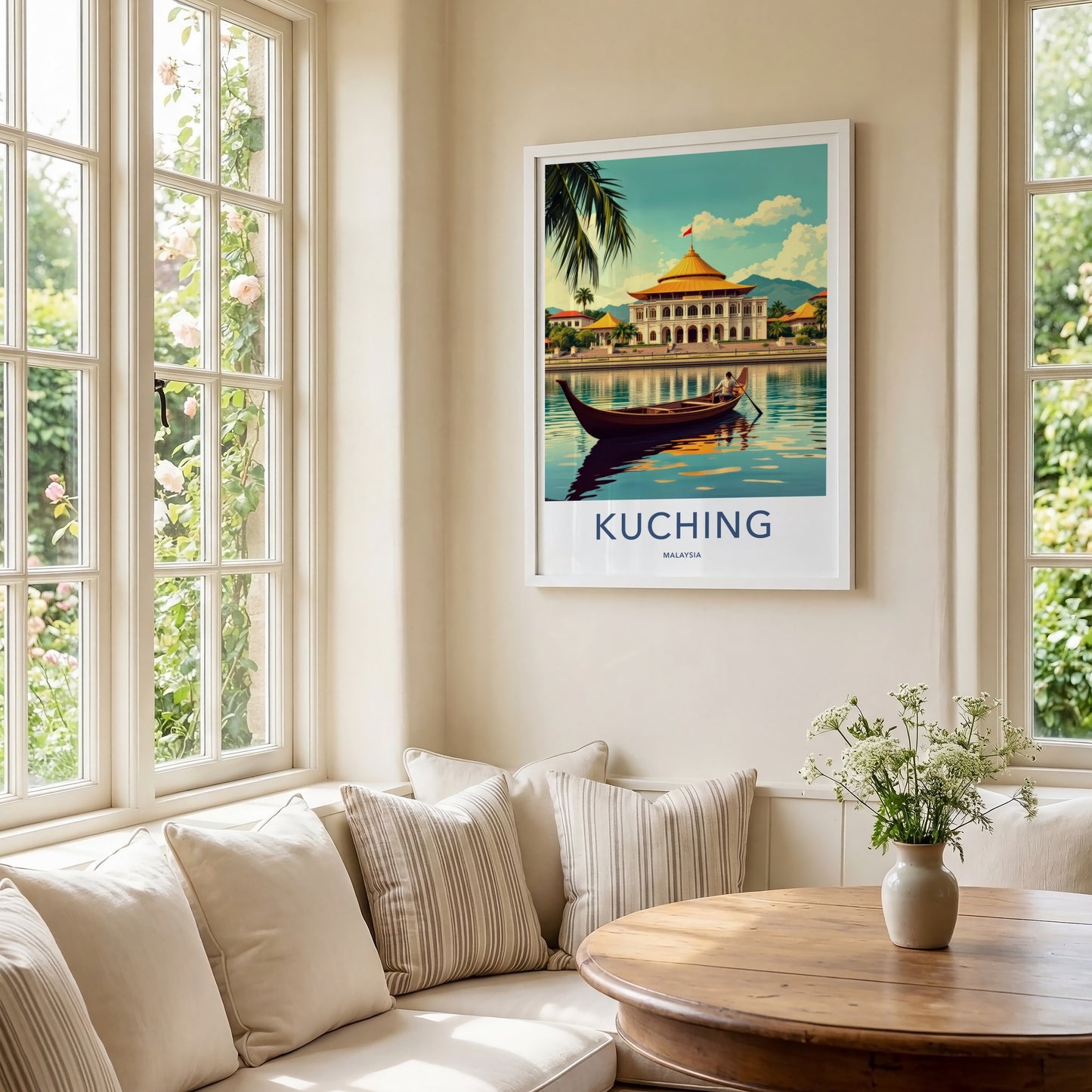 Kuching Poster - Malaysia Travel Art - River Boat Building Wall Decor