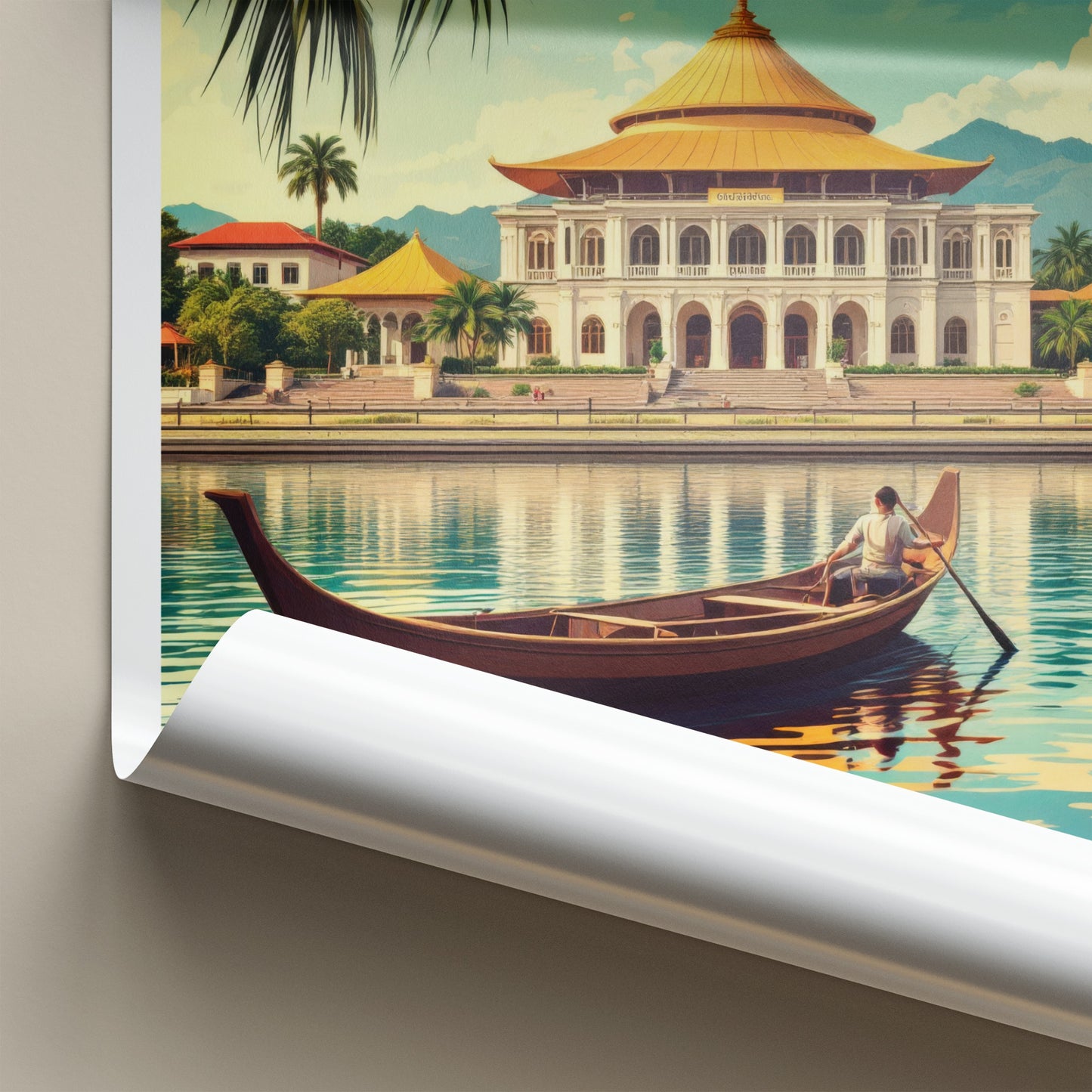 Kuching Poster - Malaysia Travel Art - River Boat Building Wall Decor