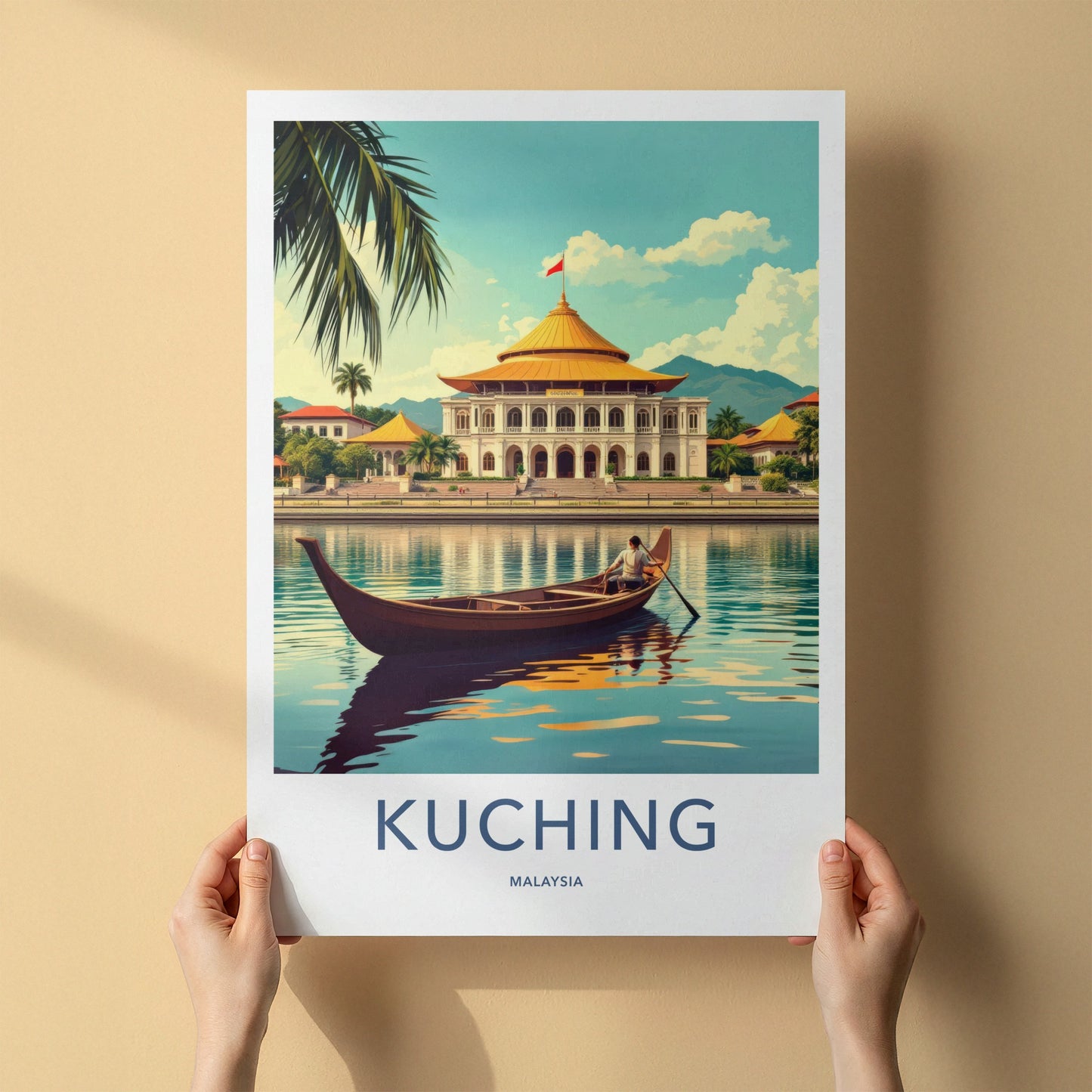 Kuching Poster - Malaysia Travel Art - River Boat Building Wall Decor