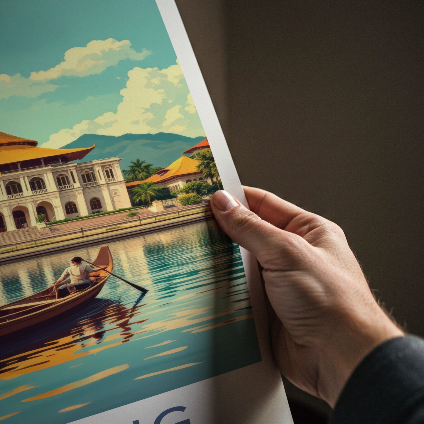 Kuching Poster - Malaysia Travel Art - River Boat Building Wall Decor