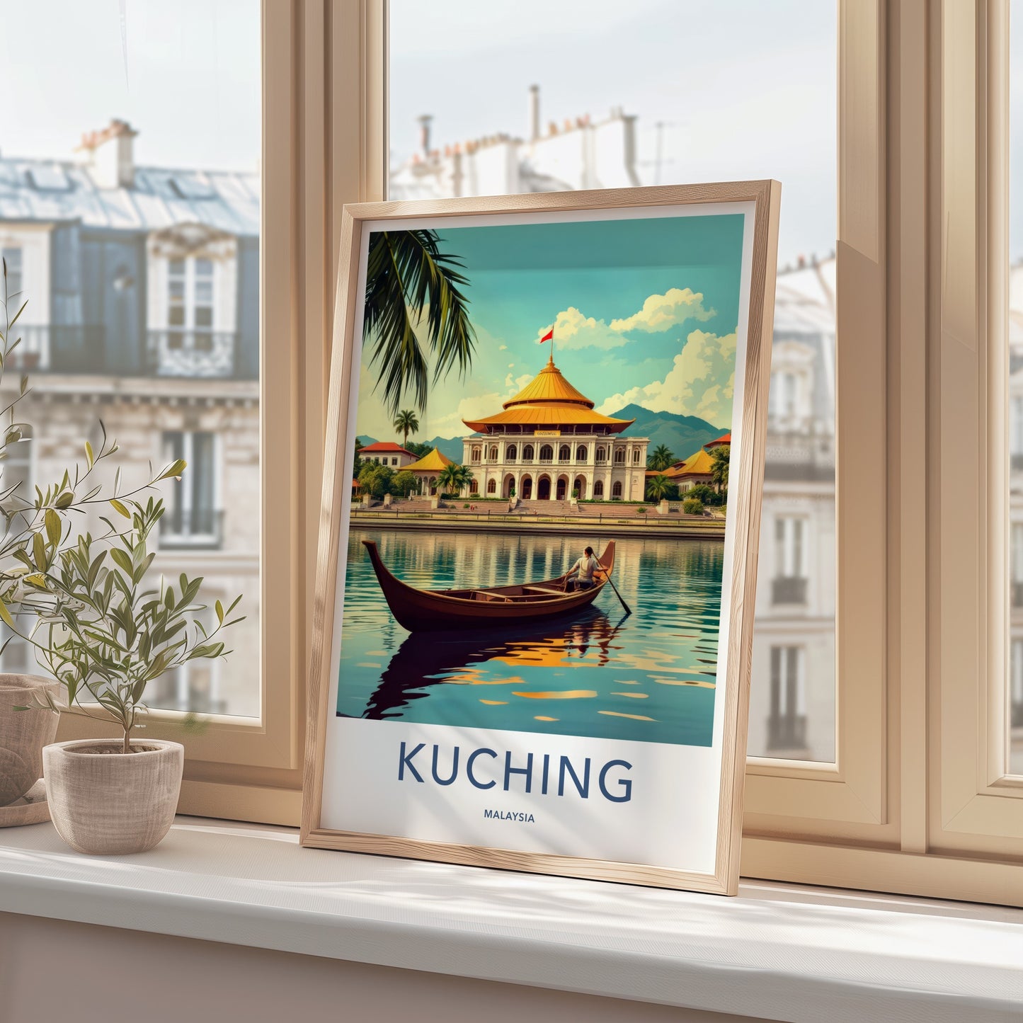 Kuching Poster - Malaysia Travel Art - River Boat Building Wall Decor