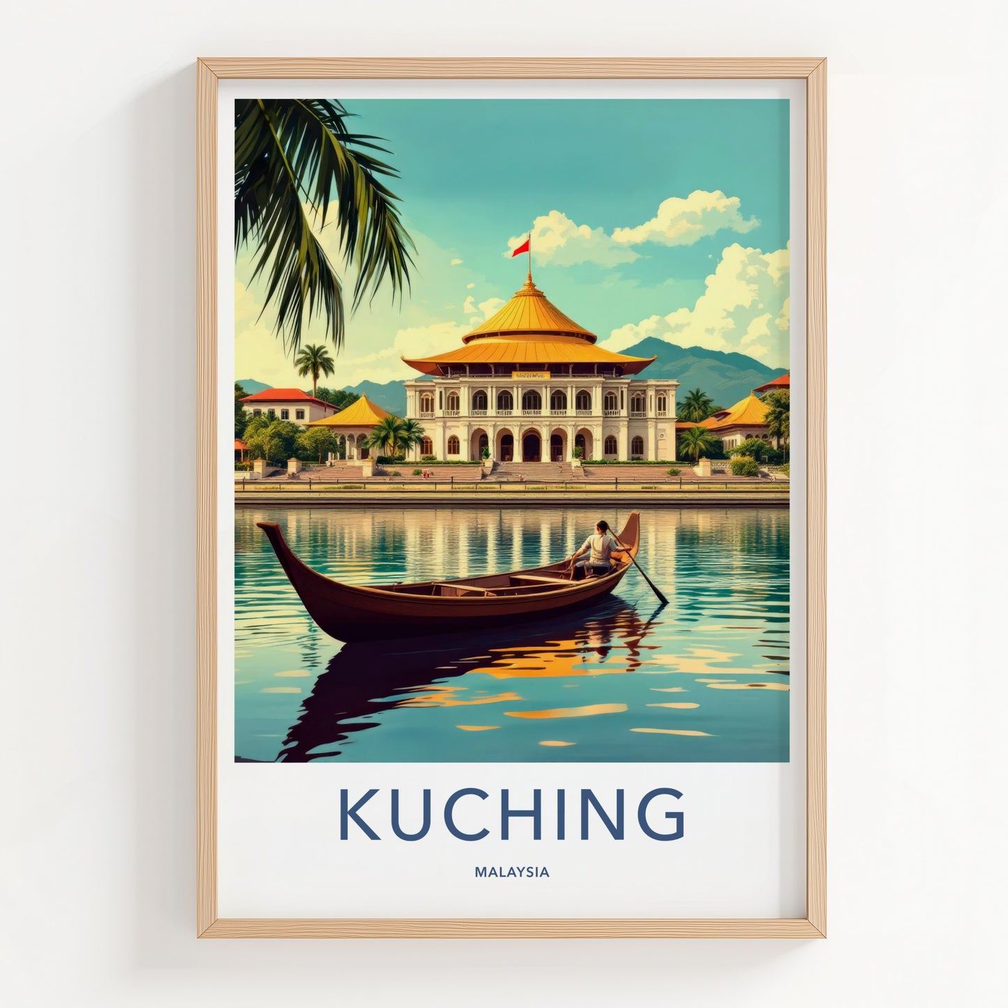 Kuching Poster - Malaysia Travel Art - River Boat Building Wall Decor