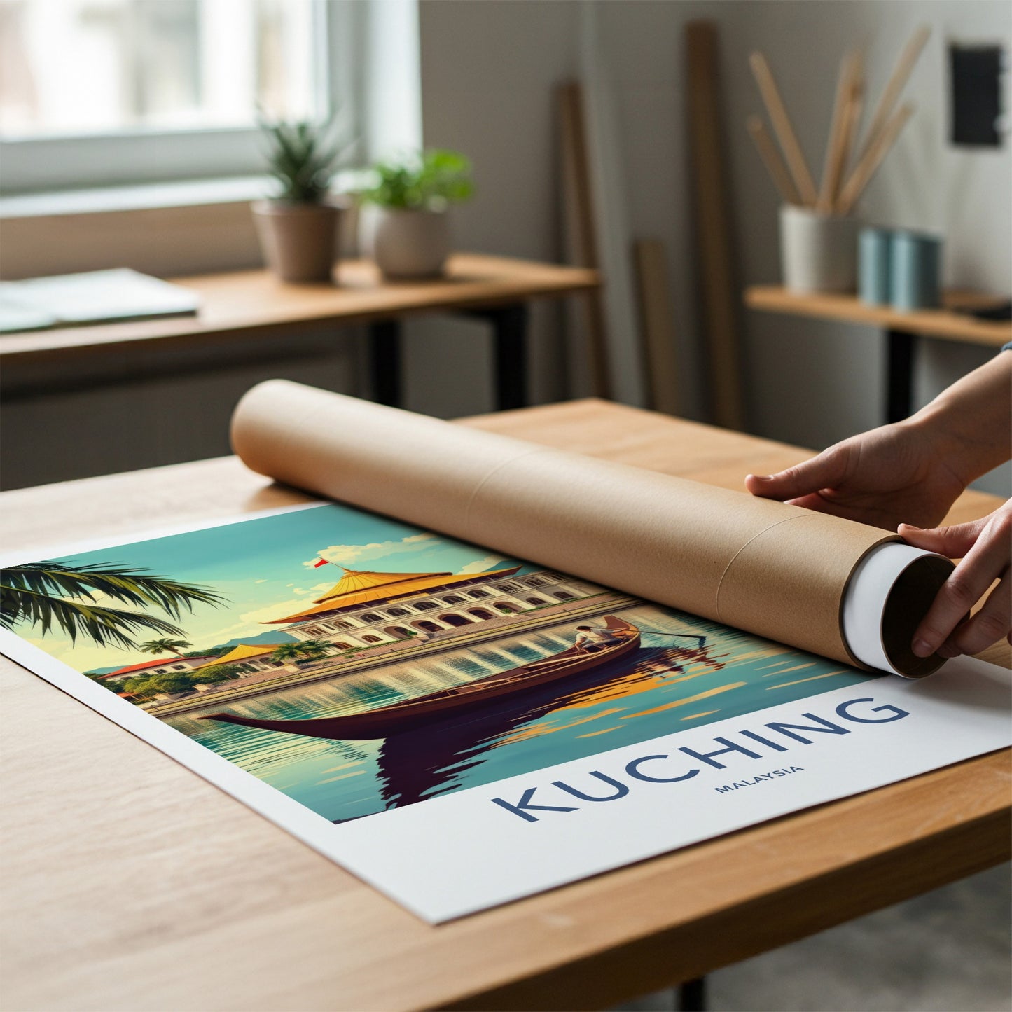 Kuching Poster - Malaysia Travel Art - River Boat Building Wall Decor