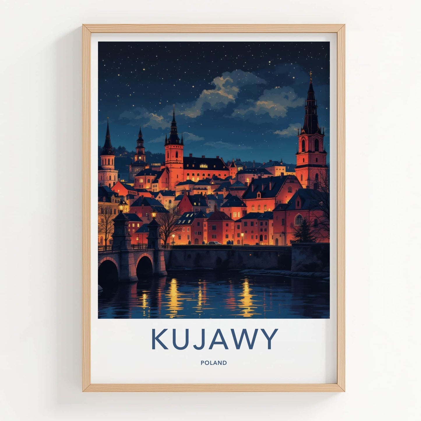Kujawy Poster - Poland Travel Art - Illuminated Cityscape River Home Decor