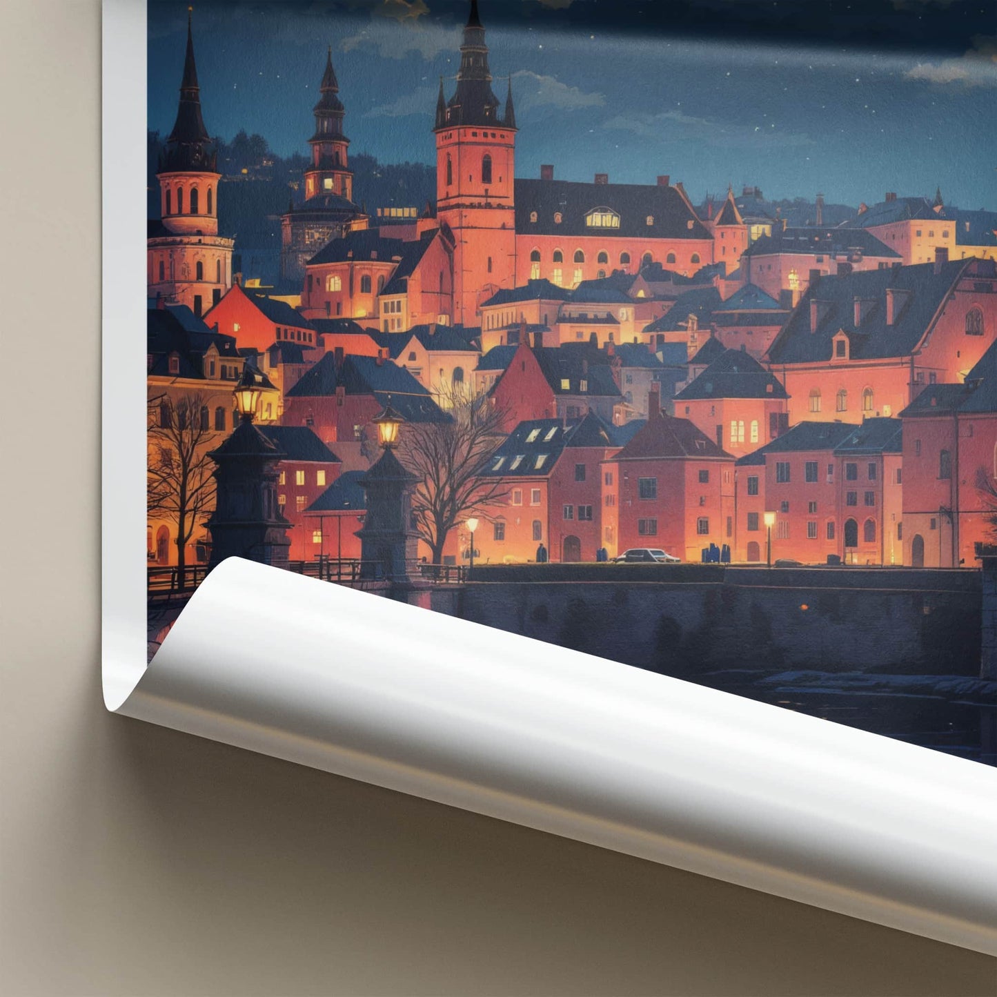 Kujawy Poster - Poland Travel Art - Illuminated Cityscape River Home Decor