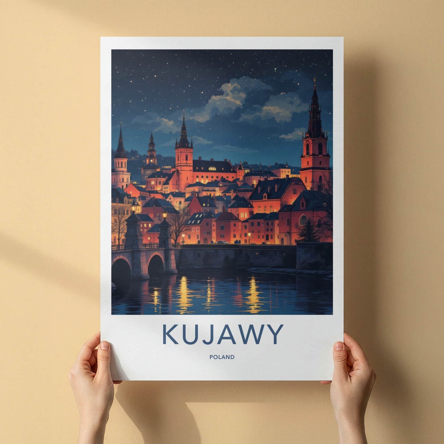 Kujawy Poster - Poland Travel Art - Illuminated Cityscape River Home Decor